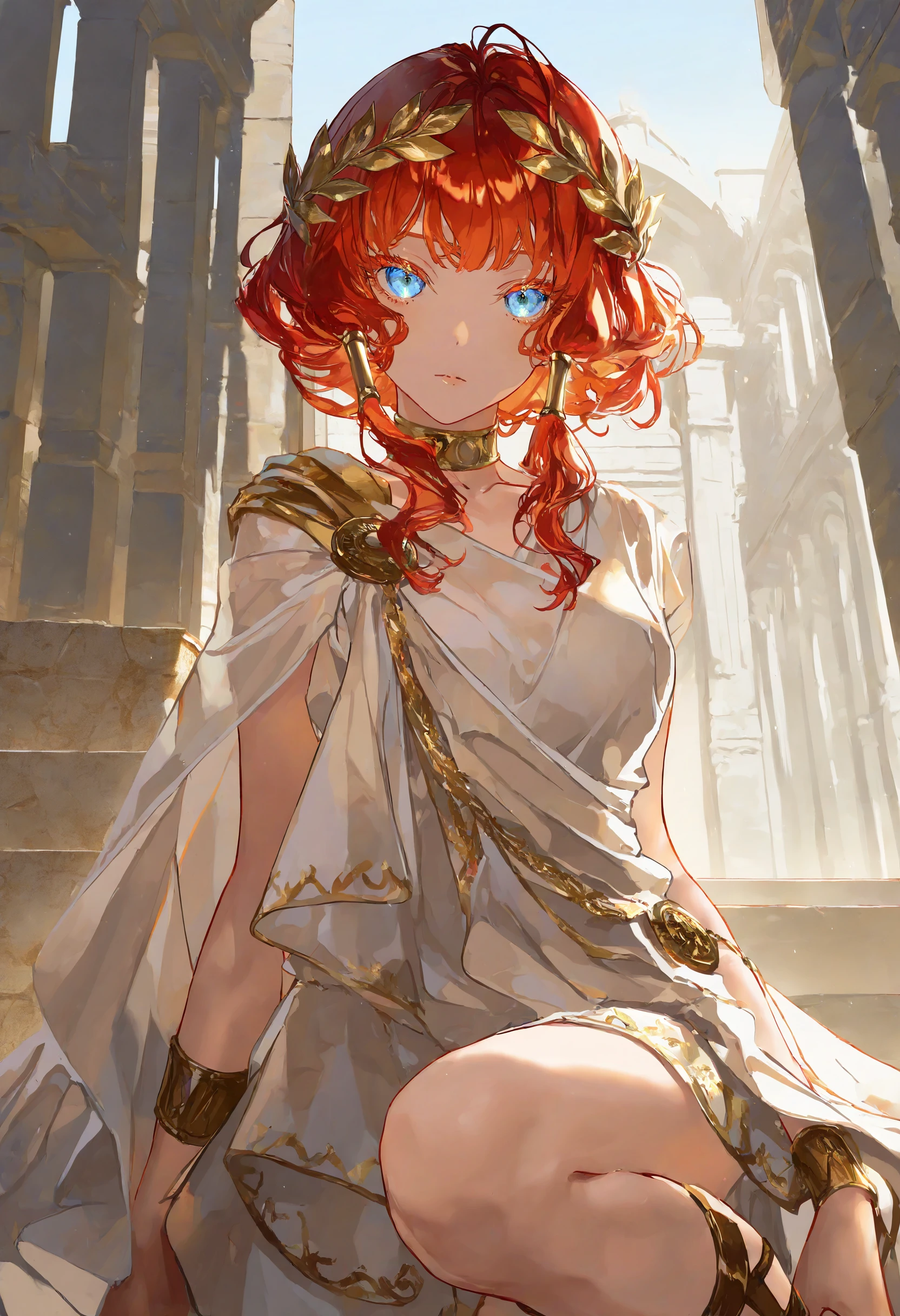 artist:[diyokama|say hana|yoneyama mai|lam],
1girl, solo, toga, red hair, greco-roman clothes, ancient greek clothes, gold choker, laurel crown, gladiator sandals,
looking at viewer, colored eyelashes, long eyelashes, blue eyes, gold hair tubes, 
greco-roman architecture,
masterpiece, best quality, very awa, absurdres
<lora:noobai_vpred_1_ ancient_greek_clothes_v1:1>