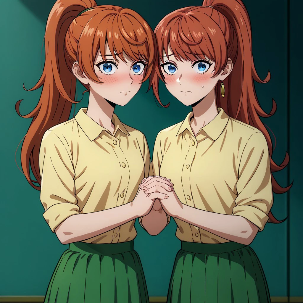 anna_taktop, red hair, ponytail, blue eyes, absurdres, 4kres, score_7_and_higher, masterpiece, high quality, good eyes, good hands, yellow shirt, green skirt, blushing, shy, looking away from viewer, hands clasped