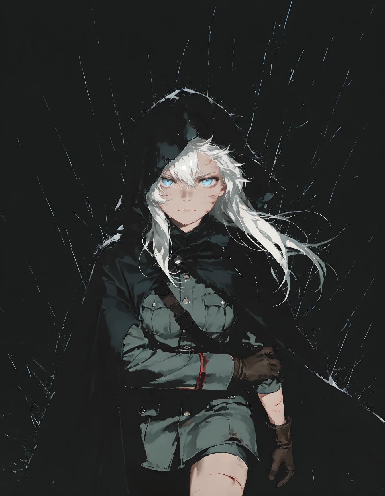 masterpiece, best quality, 1girl, blue eyes, frown, white hair, long hair, black cape, black hood, gaz mask, gloves, military outfit, holding her arm, wounded, grit teeth, walking, storm, dark background, looking at viewer, black background, cowboy shot, hair with wind, focused, standing, raining,<lora:dcr34sed-c0l0ring:1> dcr34sed_c0l0ring