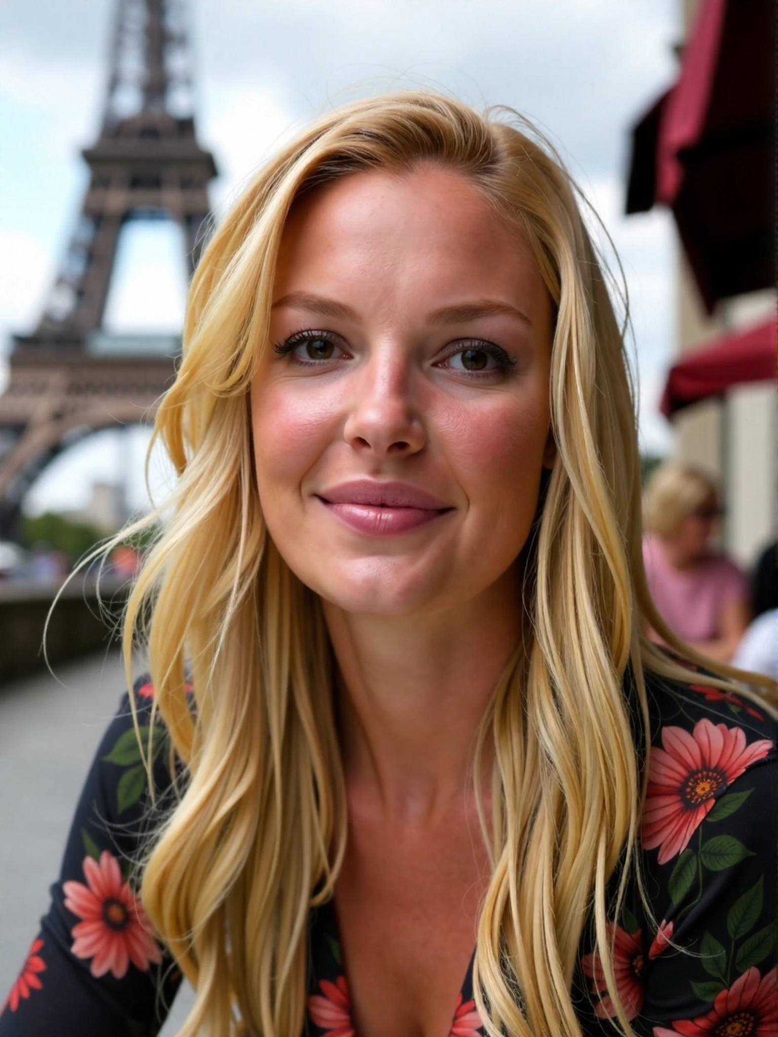 <lora:Katherine_Heigl_Ca2008:1.1> woman, blonde at an outdoor cafe in Paris, the Eiffel Tower is in the background, aperture f/2.8, photo, high aesthetic quality, f/2.8, shutter speed 1/125s, soft lighting, iso 400, canon eos 5d mark iii, shallow depth of field, artistic staging, artistic use of light and shadow, wet lips, moist eyes, realistic skin texture, pores <lora:zz_s_Stylish_Lighting:0.5>, extreme close-up, zoomed, focus on face, centered, macro shot, face centered, focus on eyes, looking directly at the viewer, looking directly at the camera, making eye contact, looking straight ahead, an extremely charismatic and captivating smileâââ