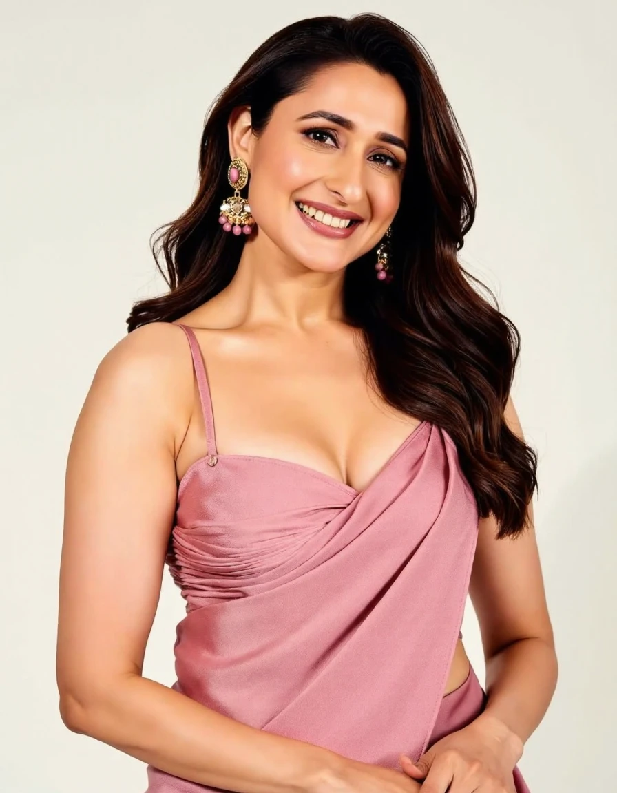 <lora:Pragya_Jaiswal:1> Pragyajaiswal brunette woman, professional portrait photograph, ultra hd, 8k, wearing a traditional pink saree and sleeved blouse, off white background, looking at viewer, highly detailed, realistic skin texture, smiling, bindi