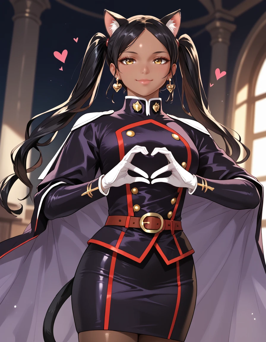score_9, score_8_up, score_7_up, score_6_up, best quality, high quality, masterpiece, extremely detailed character, detailed eyes, perfect face, ultra-realistic eyes, beautiful face, source anime, mature female, nfsw, 1girl, solo, miniskirt, solo, long hair, gloves, long sleeves, jewelry, pantyhose, earrings, belt, dark-skinned female, military uniform, skirt lift, prachi, black pantyhose, cloak, cape, twintails, cat ears, cat tail, kawaii, heart-shaped hands, closed mouth, cute smile, looking at viewer<lora:Prachi_Sherawat-_Mato_Seihei_No_Slave:0.8> <lora:Mixed_ArtstyleV2:0.6>