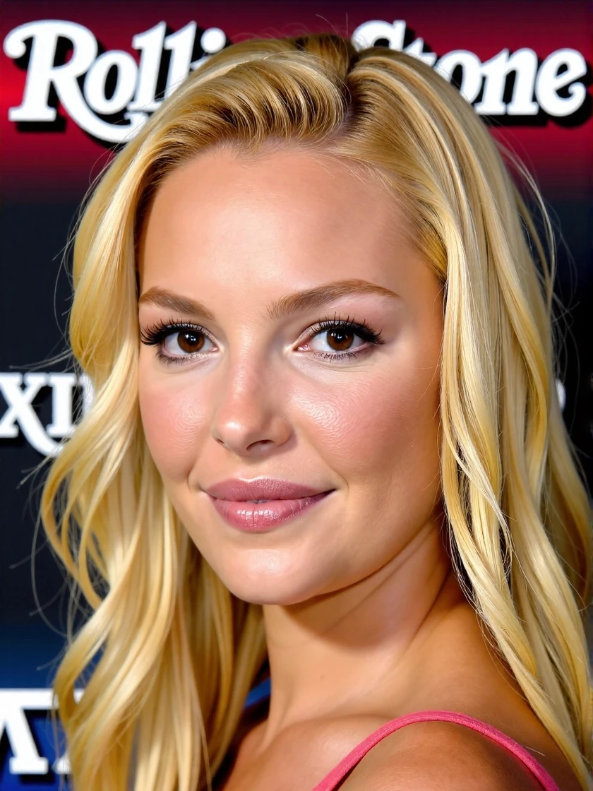 <lora:Katherine_Heigl_Ca2008:1.1> woman, blonde woman looking directly at the viewer, extreme close-up, zoomed, focus on face, centered, macro shot, face centered, focus on eyes, looking directly at the viewer, looking directly at the camera, making eye contact, looking straight ahead, modest clothes, modest apparel, chest covered, modesty <lora:zz_s_Chest_Size_Slider:-2>, an extremely charismatic and captivating smile, a photograph of the cover of the January 2025 issue of Rolling Stone magazine. The cover features a stylized, vibrant design, with the title "ROLLING STONE" prominently displayed in Parkinson font in bold and white. The rest of the cover uses winter colors theme background with a gradient of rich colors, with the lighter shades at the top and darker shades towards the bottom, creating a dramatic effect. There is an extreme close-up of the subject wearing the latest winter rock and roll fashions. The only thing else on the cover is a UPC code., a close-up profile photograph, looking back, smiling, wavy, tinted hair, well-groomed and styled, cascading in soft waves, background is a blurred view of an awards ceremony, emphasizing the texture and color variations in the hair, overall effect is natural and elegant, showcasing the beauty of the hair in a detailed and artistic manner, lighting effects, diffused lighting on skin, skin pores, matte skin, skin imperfections.âââ