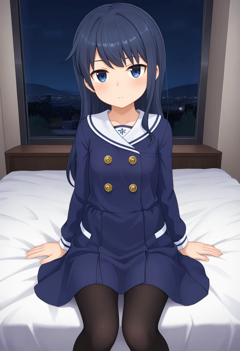 masterpiece, best quality, absurdres, very aesthetic, general, 1girl, mtmdef, aizumi, dark blue hair, long hair, one-piece dress, buttons, pantyhose, sitting, on bed, night<lora:ILmutsumiAGA:0.8>