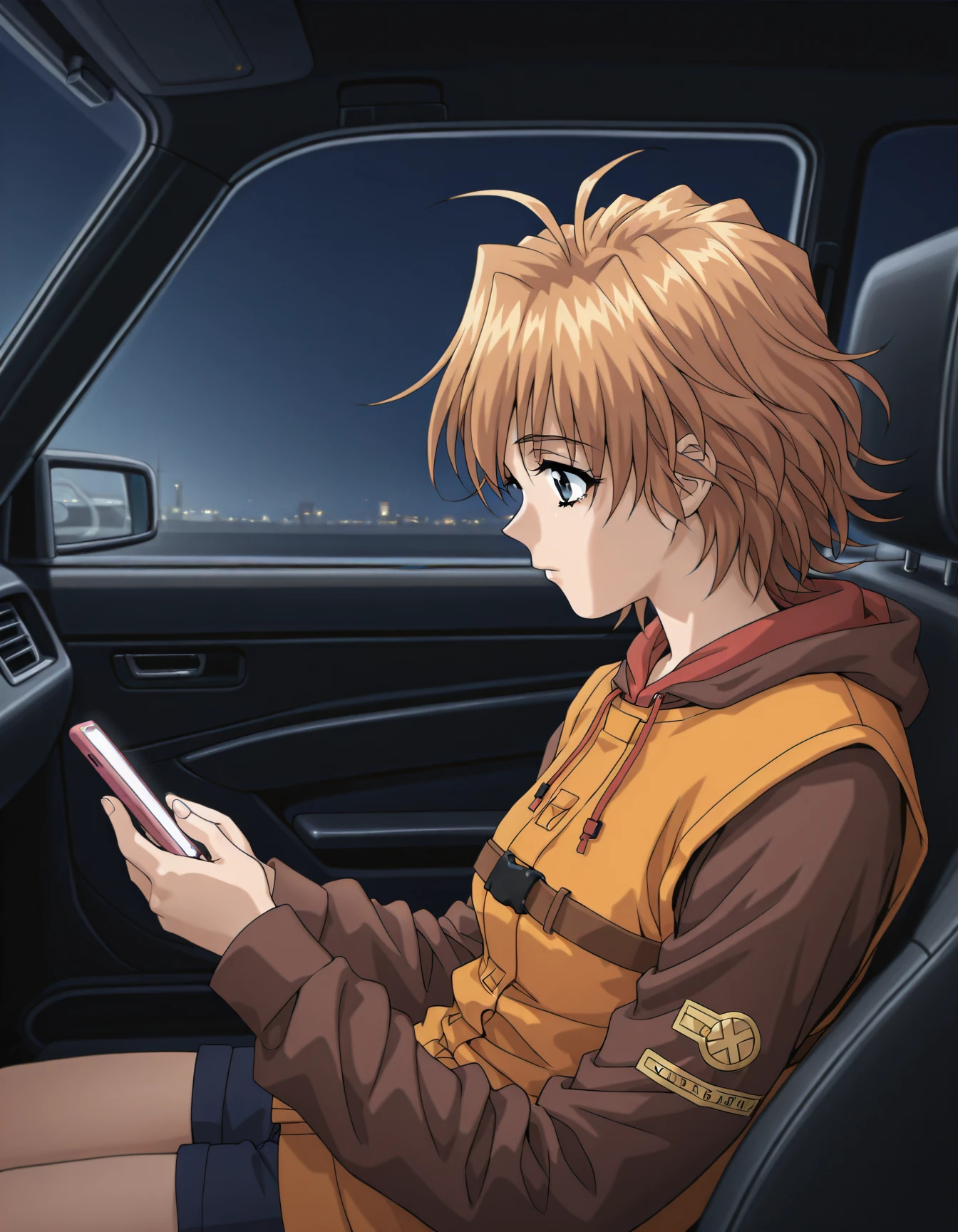 <lora:marina-yuka-illustrious-000027:0.8> yuka, solo, 1girl, sitting, hoodie, orange vest, brown sleeves, car interior, looking at phone, from side