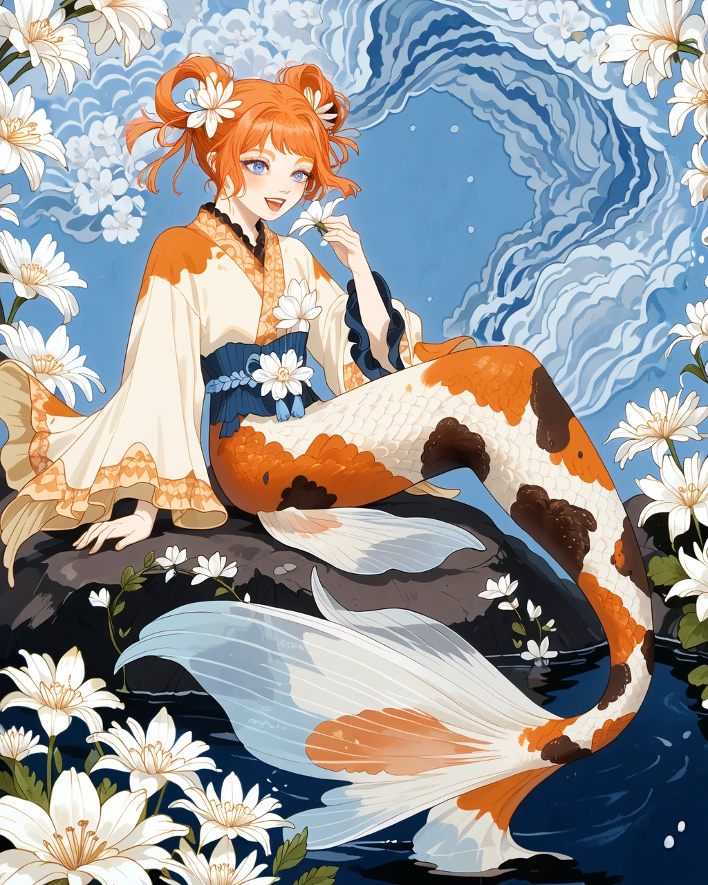 1girl, koima. mermaid, sitting on a rock, hair buns, blue eyes, singing, white flowers, (calico pattern:0.8), masterpiece, highest quality, absurdres, digital art, masterpiece, absurdres, extremely detailed, digital art, score_9, score_8_up, score_7_up, <lora:KoiMermaid_Pony:1.2>, <lora:hagushkaXLP:0.5> hagushka