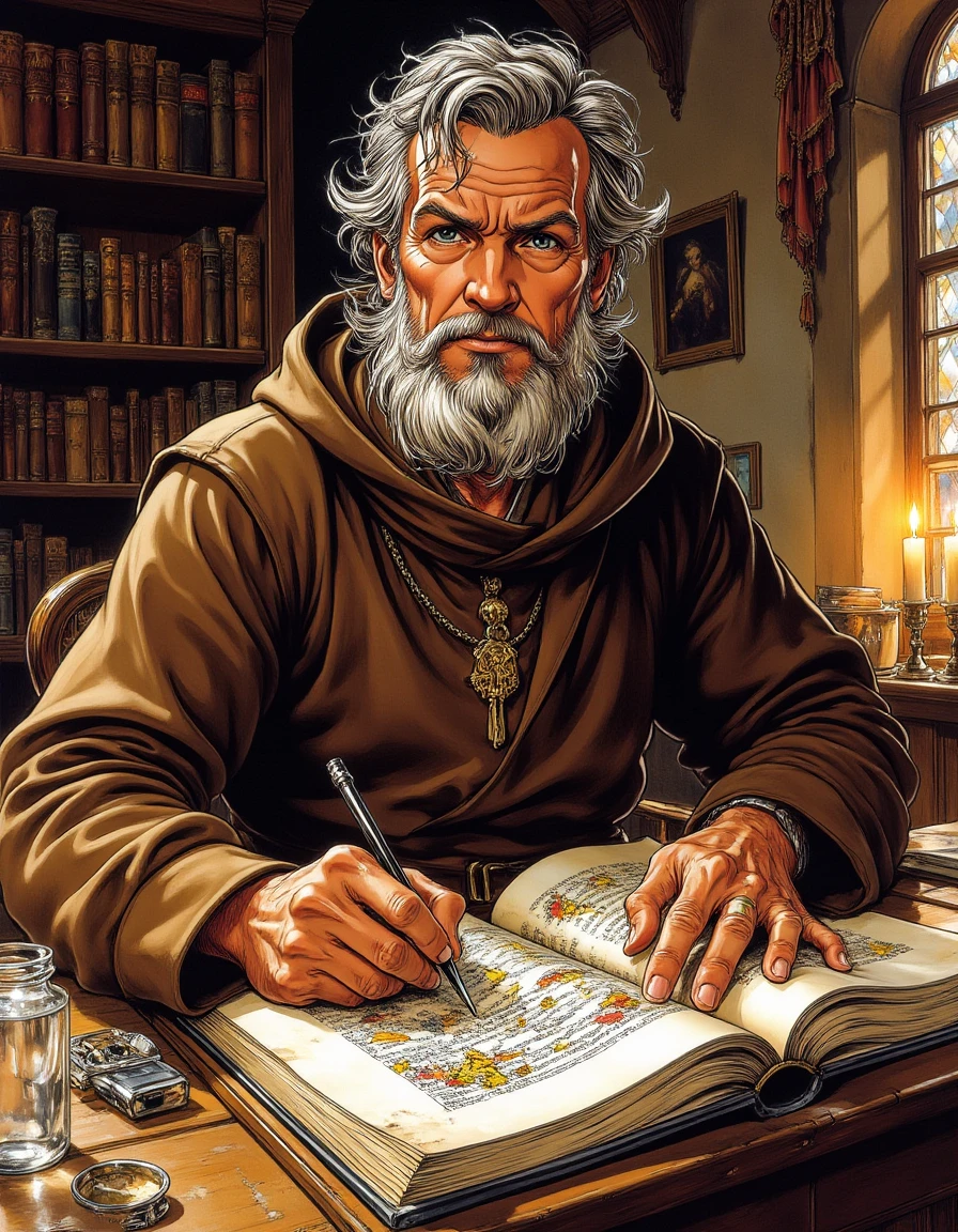 g0rg309s close up portait of A medieval monk, dressed in a simple brown robe, sits at a wooden desk in a dimly lit scriptorium, meticulously illuminating a manuscript. His expression is one of serene dedication as he carefully applies vibrant colors and intricate gold leaf to the pages. The room is filled with the soft glow of candlelight, shelves of ancient books, and the faint sound of quills scratching
<lora:Just_Gorgeous:0.8>
