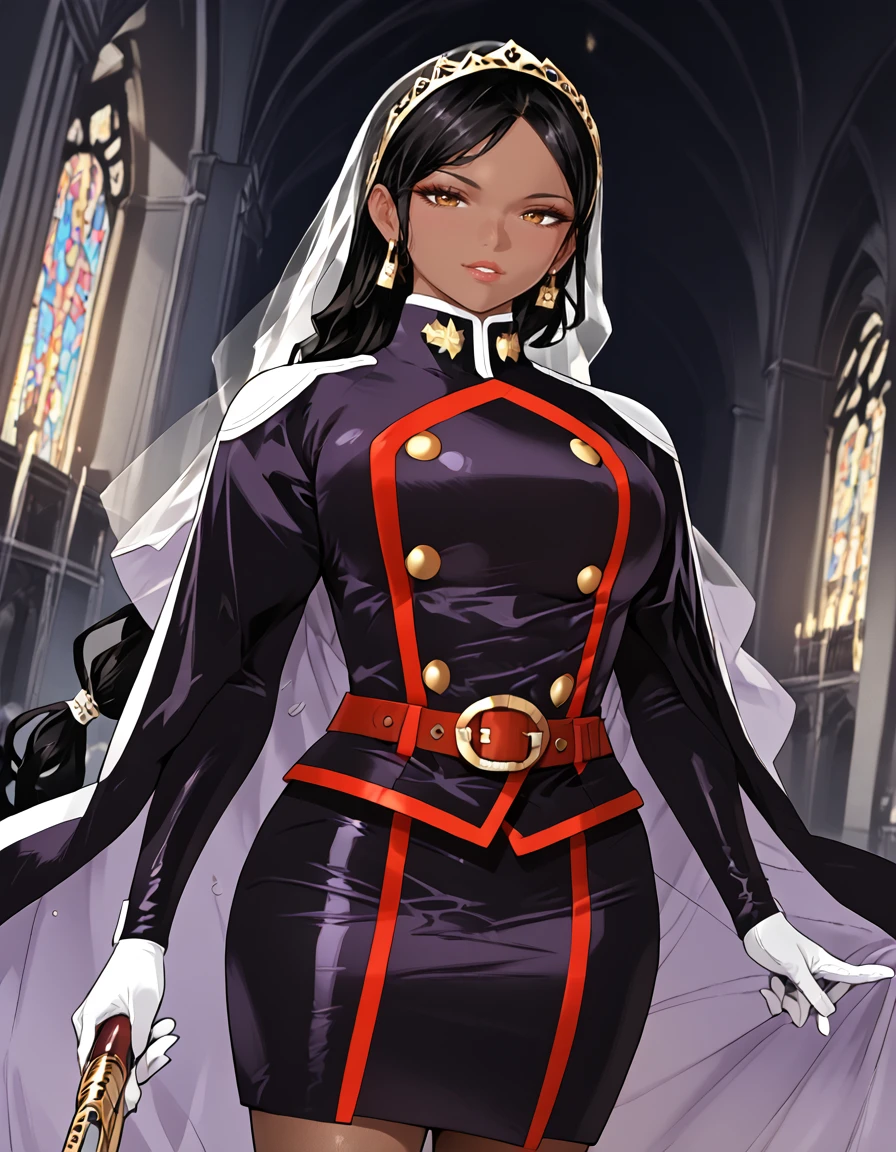 score_9, score_8_up, score_7_up, score_6_up, best quality, high quality, masterpiece, extremely detailed character, detailed eyes, perfect face, ultra-realistic eyes, beautiful face, source anime, mature female, nfsw, 1girl, solo, pencil skirt, solo, long hair, looking at viewer, skirt, gloves, long sleeves, jewelry, weapon, pantyhose, earrings, belt, miniskirt, uniform, dark-skinned female, military, military uniform, double-breasted, prachi, black pantyhose, cloak, cape, mato seihei no slave, high heel, jewelry, earrings, bridal veil, veil, HD, cathedral, perfect anatomy , very aesthetic , absurdres, hyper detailed, pray hands, interlocked fingers, own hands together, cathedral background, cowboy shot, <lora:Prachi_Sherawat-_Mato_Seihei_No_Slave:1> <lora:Mixed_ArtstyleV2:0.6> <lora:prayhands3:1>
