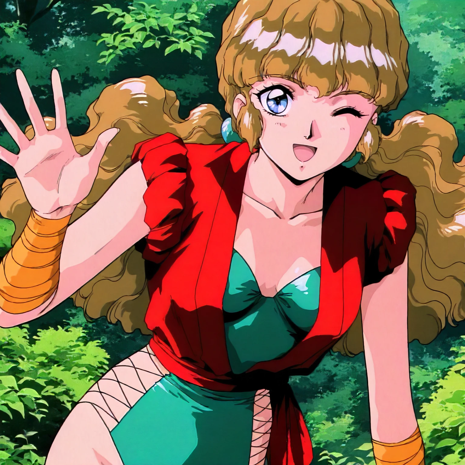 <lora:IGLBG_kai_fubukiXLIllustrious004>,
masterpiece,best quality,good quality,newest,
detailed background,nature,
smile,open mouth,one eye closed,
looking at viewer,
solo,
anime coloring,1980s \(style\),
kai_fubuki\(injuu_gakuen_la_blue_girl\),1girl,light brown hair,wavy hair,low twintails,blue eyes,
red jacket,sleeveless jacket,
red sash,one-piece_swimsuit,green swimsuit,side cut out swimsuit,side lace-up swimsuit,
arms bandage,
upper body,
standing,waving,