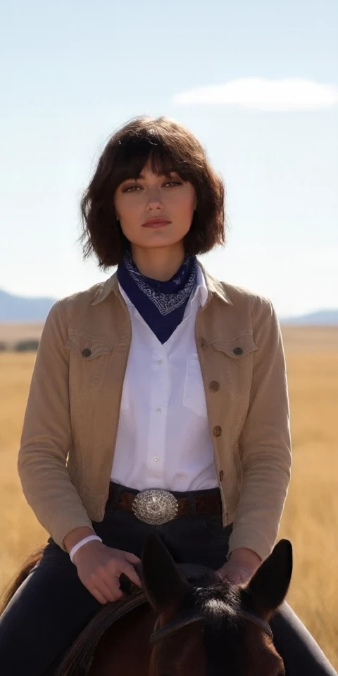 purn3ll
The young woman sits tall in the saddle, her black hair cut into a sleek bob that frames her face, with blunt bangs skimming just above her dark, focused eyes. The brim of her weathered cowboy hat shades her face, casting a dramatic shadow that highlights her sharp cheekbones and sun-kissed complexion. She wears a light tan leather jacket, fitted snugly over a crisp white button-up shirt with the collar slightly open. A dark brown bandana with subtle paisley patterns is knotted loosely around her neck, adding a touch of character to her otherwise practical attire. Her sleeves are rolled up to her elbows, revealing strong forearms, while her silver belt buckle gleams faintly under the sunlight. Her bare hands rest lightly on the reins, her fingers firm yet relaxed, radiating confidence and ease.
Behind her, the sprawling plains stretch endlessly, a golden sea of tall grasses swaying gently in the breeze. The sky is an endless expanse of pale blue, with streaks of soft clouds drifting lazily overhead. The sunlight bathes everything in a warm glow, accentuating the rich, earthy hues of the landscape. The distant outline of jagged hills rises on the horizon, their dark crevices contrasting against the soft tones of the plains. The air is still, save for the rustle of the grass and the occasional cry of a hawk soaring high above. The serene, untamed beauty of the setting provides the perfect backdrop, amplifying the quiet strength and poised elegance of the lone rider.