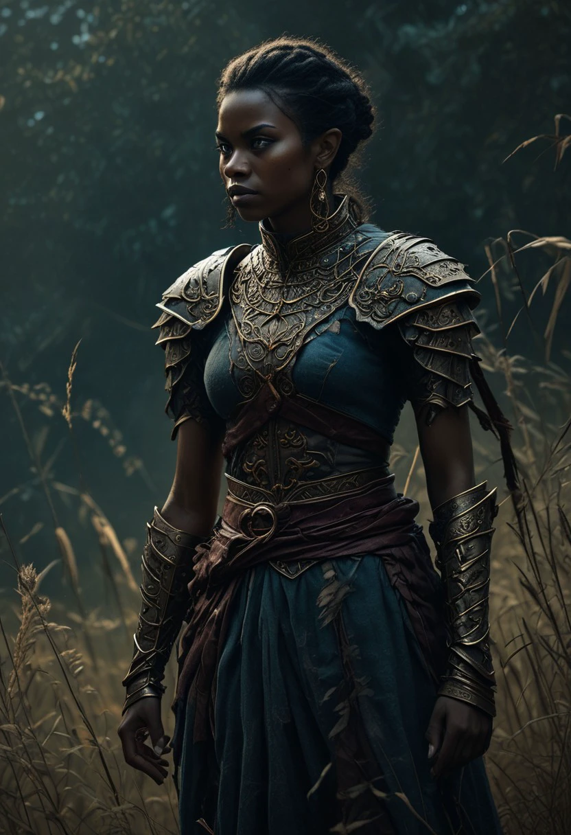 A hyper-realistic digital portrait of a dark-skinned female elf standing poised in a powerful Wing Chun stance amidst a dark, mystical reed-filled landscape, reminiscent of Ashley Wood's eerie and mystical art style. The reeds sway ominously in the background, as if sensing her impending movement, set against a subtle Dutch angle distortion of 20%. Her muscles are tense and coiled, ready to strike, casting a sense of foreboding and anticipation in this haunting and atmospheric scene. She is dressed in pauldrons and chainmail armor with a pleated gladiator kilt, adorned with intricate floral patterns in muted magenta, orange-gold and blue. Her sword, featuring a black hilt and a wide, chopping blade, is intricately engraved with symmetrical orange-gold designs that harmonize with the ornate patterns of her attire, emphasizing her poised yet lethal aura. The diffused lighting softly illuminates every detail, HD, 8K quality, ultra-detailed, masterpiece artwork, flawless anatomy.