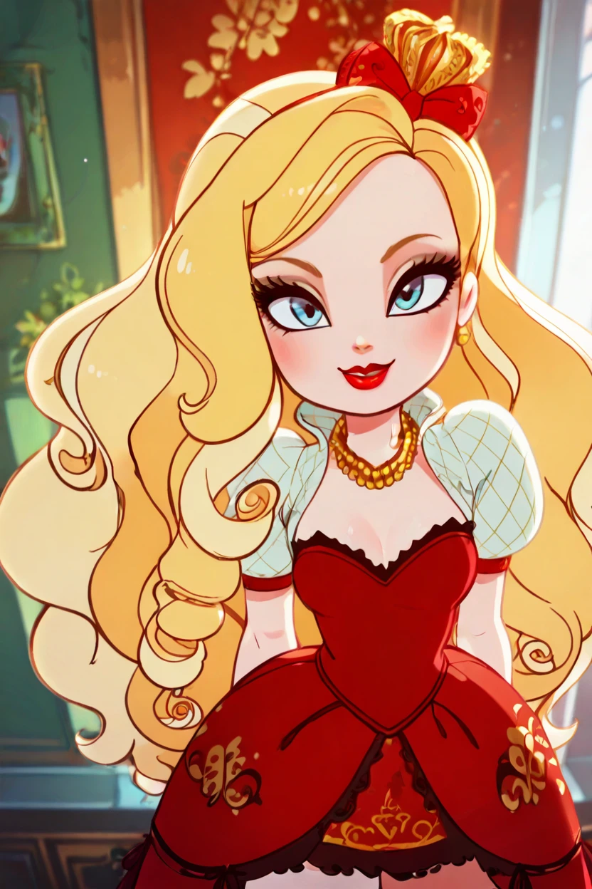 masterpiece, best quality, curvy, beautiful eyes, zzAppleW, blue eyes, blonde hair, curly hair, wavy hair, long hair, jewelry, makeup, lipstick, red lips, necklace, red dress, bow, puffy sleeves, <lora:AppleWhiteEAHIXL:1.0>, from above, dynamic pose, cowboy shot, smile, looking at viewer, shiny skin,<lora:DiivesIXL:1.0>,