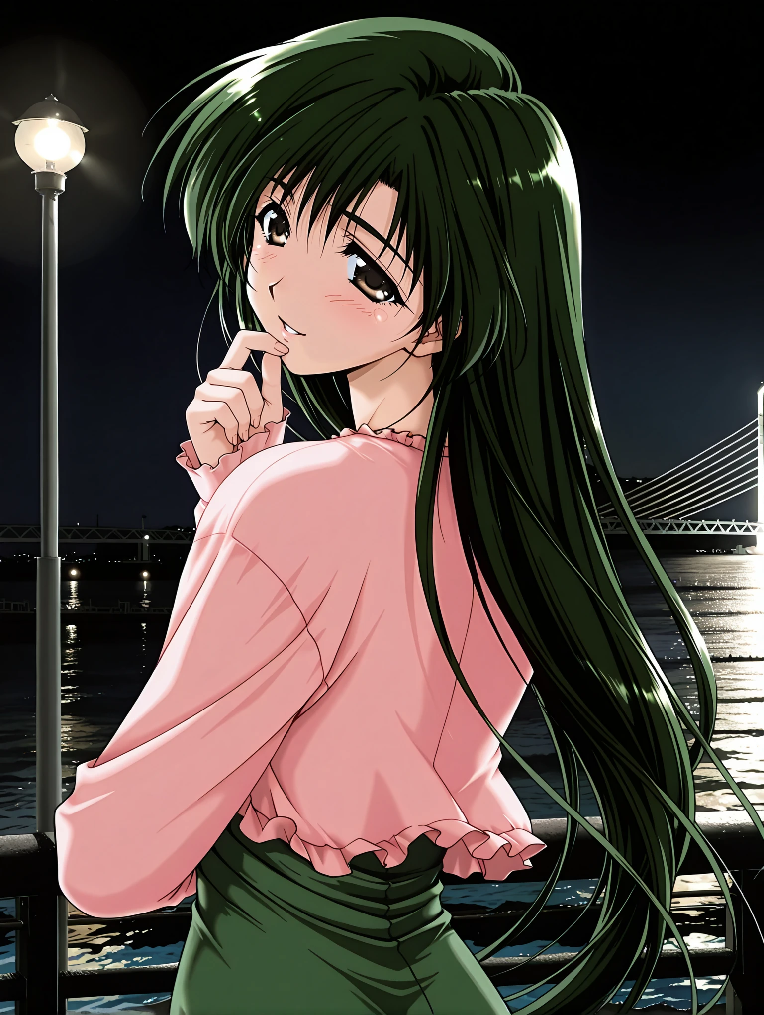 masterpiece,best quality,amazing quality,1girl,solo,
<lora:harue_ilxl_v1.3:1>,harue,very long hair,green hair,brown eyes,h1_clothes,pink cardigan,long sleeves,green dress,frills,hand to own mouth,
<lora:Fixhands_anime_bdsqlsz_V1:1>,<lora:commercial_facility00_ilxl_v1:1>,c_f00,night,night sky,sky,bridge,ocean,
dark,lamp,lamppost,railing,
upper_body,smile,from behind,looking_back,blush,looking_at_viewer,