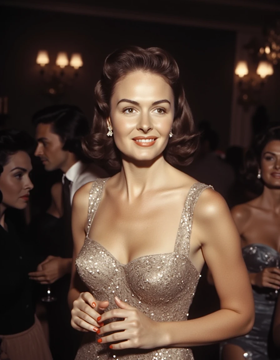 a 70s woman is posing for a portrait before a party <lora:donna-reed-flux:1.1>