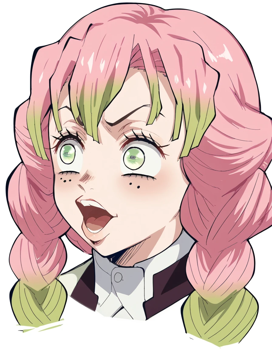 score_9, score_8_up, score_7_up, source_anime, <lora:mitsuri-kanroji-anime-ponyxl-lora-nochekaiser:1>, mitsuri kanroji, braid, gradient hair, green eyes, green hair, long hair, mole, mole under eye, multicolored hair, pink hair, twin braids, two-tone hair, large breasts, <lora:pogchamp-ponyxl-lora-nochekaiser:1>, pogchamp, pogchamp (meme), open mouth, looking to the side, ,