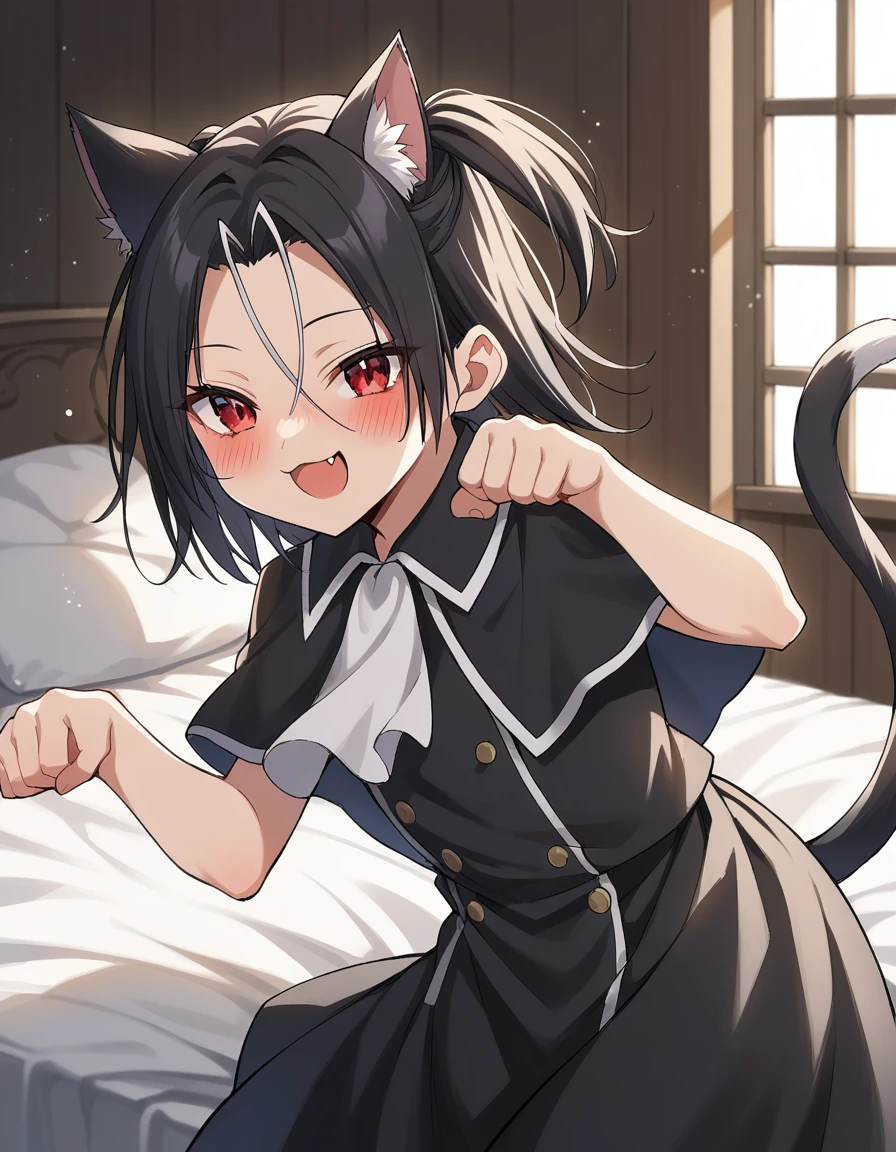 score_9, score_8_up, score_7_up, source_anime, <lora:akua-shuzen-manga-ponyxl-lora-nochekaiser:1>, akua shuzen, black hair, red eyes, medium hair, twintails, parted bangs, hair between eyes,, dress, ascot, capelet, black dress, black skirt, white ascot,, indoors, bed, bedroom, on side, blush, drunk, smile, <lora:paw-pose-ponyxl-lora-nochekaiser:1>, paw pose, cat ears, cat tail, animal ears, tail, cat girl, open mouth, fang, whiskers,, looking at viewer, solo,, cowboy shot, solo