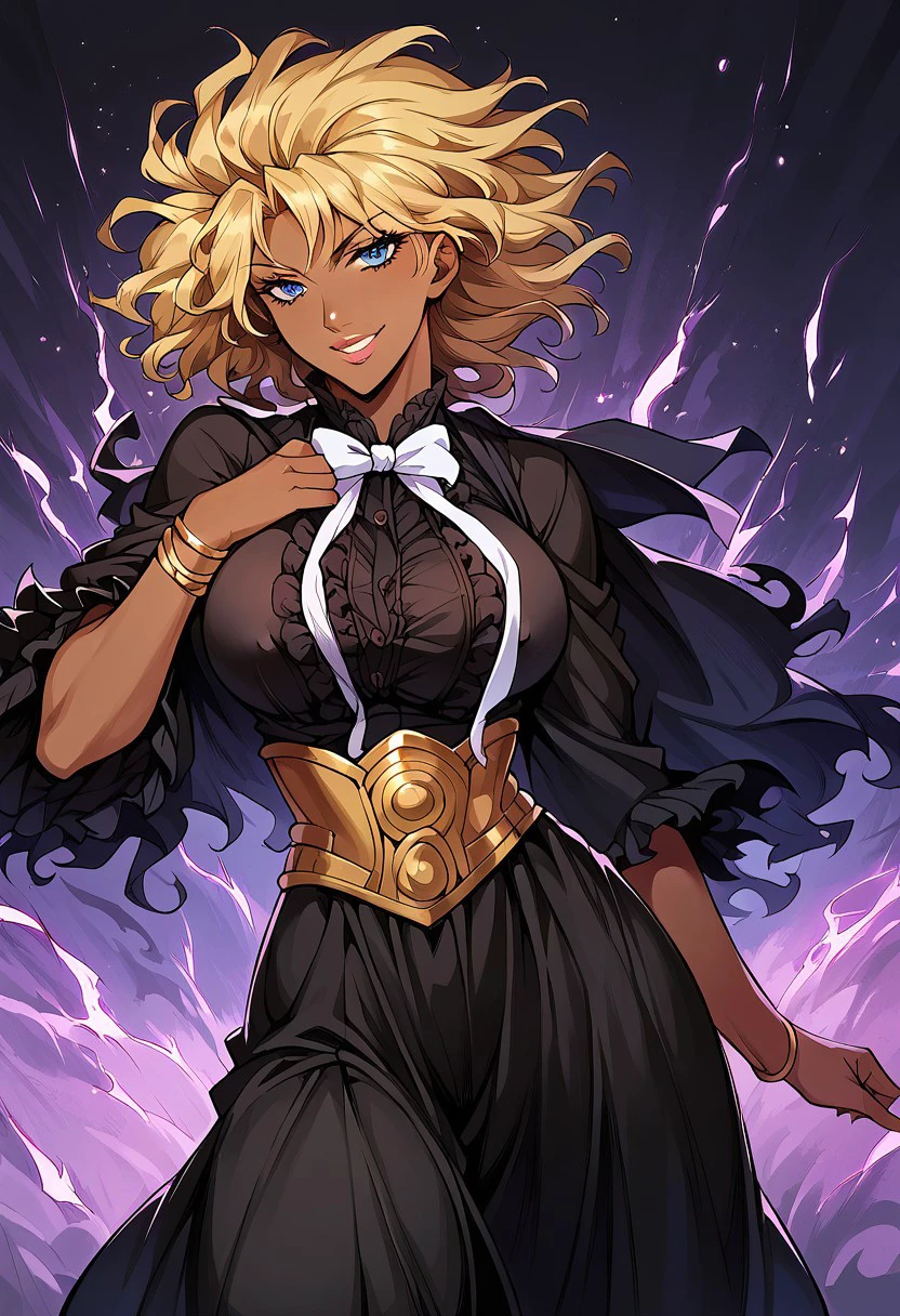 SherryCromwellTMnI, 1girl, solo, dark skinned female, blonde hair, short hair, messy hair, wavy bob, bangs, blue eyes, lips, lipstick, large breast, pitch-black dress, dress ornament, gothic style dress, frills all over the edges, lace dress, black shoes, jewelry, corset, bracelet, white bow tie, wide sleeves,
seductive pose, sexy pose, tease, in the spotlight,,
smile, indoors, jojo reference,
score_9, score_8_up, score_7_up, beautiful aesthetic, very intricate, high quality details,vibrant, highly detailed, award-winning, professional,anime artwork, anime style, studio anime, athletic, curvy body, athletic girl, perky tits,large breast,perfect tits, round breasts, nipple outline,looking at viewer, pinup pose,teasing, dynamic lighting, cinematic, smug, better than you, aura of temptation, highly detailed, high resolution, masterpiece, detailed clothes, detailed background, highly detailed, ((sound effects)) comic layout,