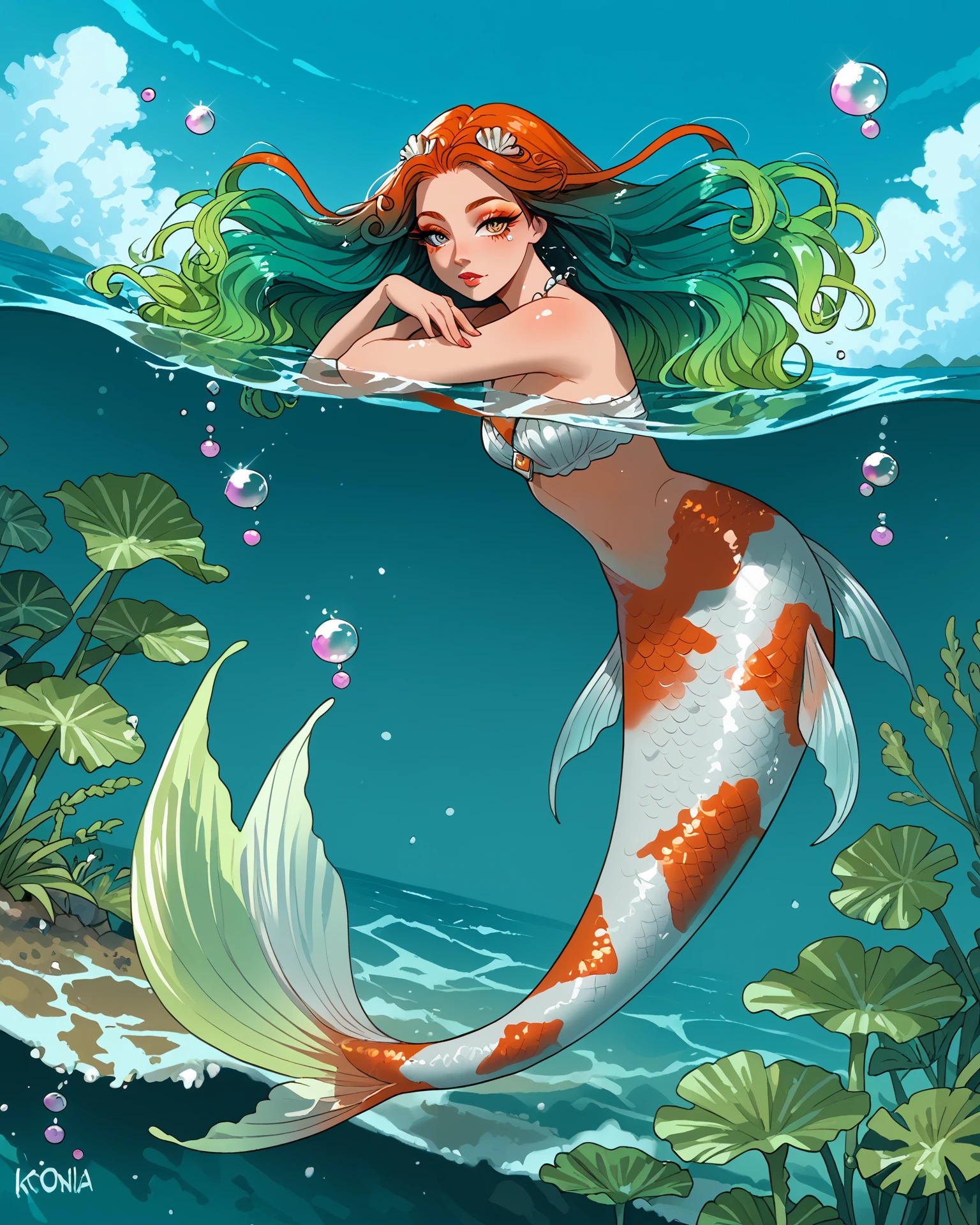 1girl, koima, mermaid, swimming, ocean plants, bubbles, gradient hair, long lashes, radiant, masterpiece, absurdres, extremely detailed, digital art, score_9, score_8_up, score_7_up, <lora:KoiMermaid_Pony:1>