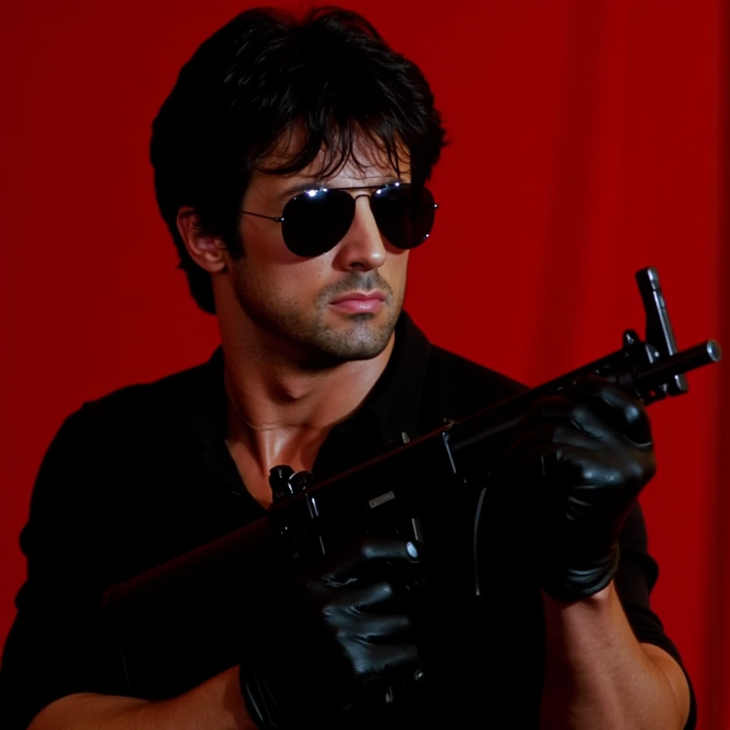 cinematic film still of <lora:1980's Cobra film style v1:0.7>
In 1980's cinematic film style Sylvester Stallone Marion Cobretti a man holding a machine gun and wearing sunglasses, solo, shirt, black hair, gloves, holding, closed mouth, upper body, weapon, black gloves, holding weapon, black shirt, gun, facial hair, sunglasses, holding gun, red background, submachine gun, short hair, scar, pectorals, stubble, tinted eyewear, shallow depth of field, vignette, highly detailed, high budget, bokeh, cinemascope, moody, epic, gorgeous, film grain, grainy