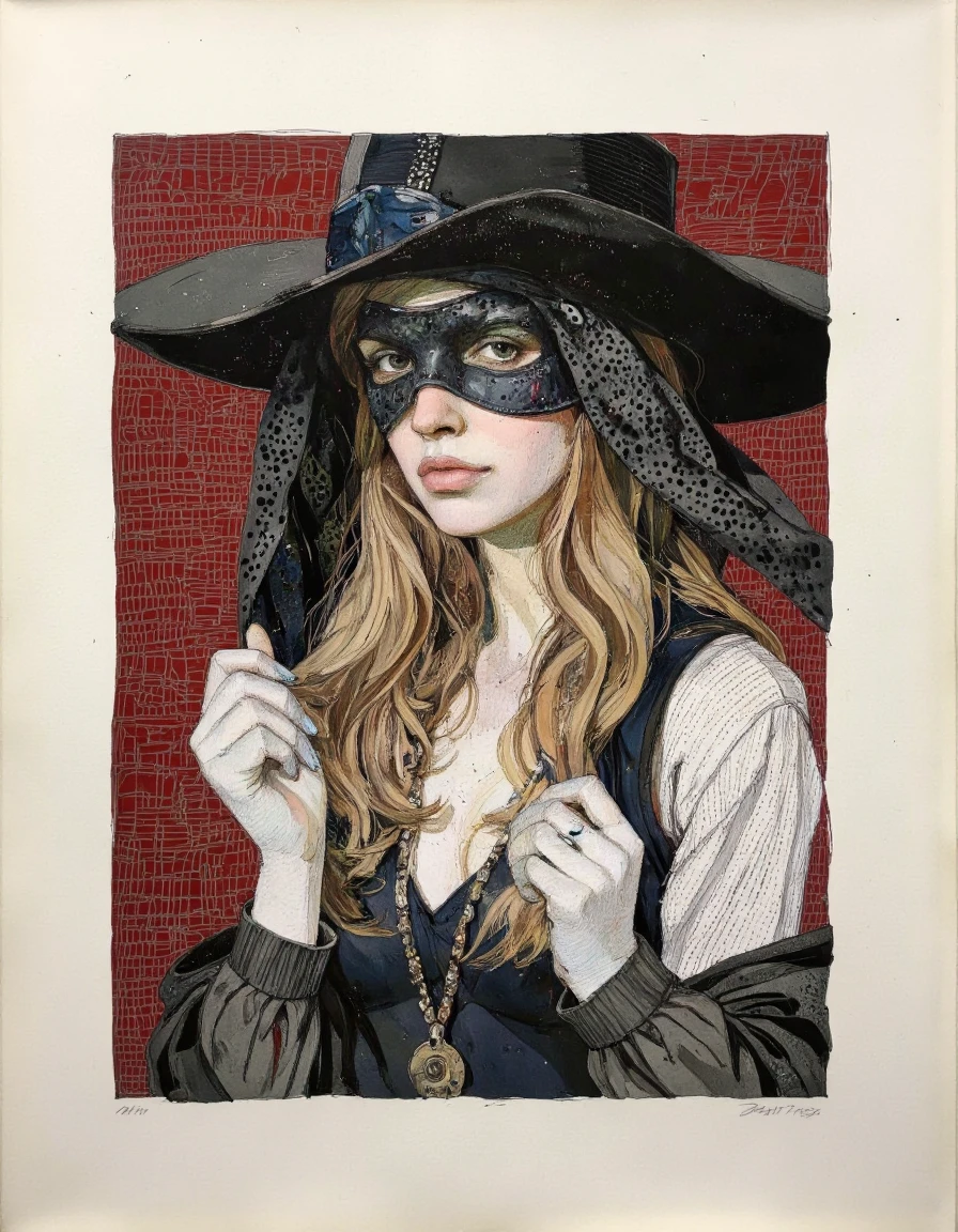 Portrait in Tony Rodriguez style. This is a highly detailed, surrealistic watercolor painting of a mysterious female assassin emerges, her long hair flowing beneath a dark cowl. Assassin Mask. <lora:Tony_Rodriguez_7:0.85>