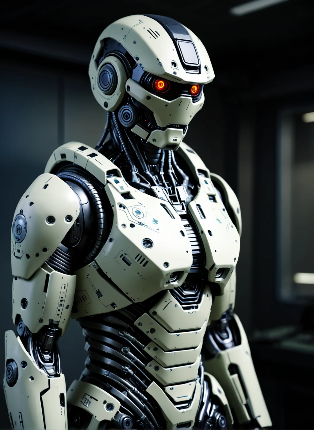 Cyberpunk, sci-fi, dark-fantasy, hyperdetailed photography, portrait photo of a robot soldier in an army headquarters, hyperrealism, elegant, concept art, smooth, sharp focus, color graded, cinematic wallpaper, improved