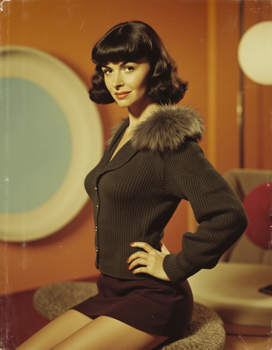 a woman in a dark short bob cut hairstyle wearing a short skirt and fur sweater in the 60s in her futuristic living room full color technicolor old aged photo yellowing and cracked and stained <lora:donna-reed-flux:1.1>