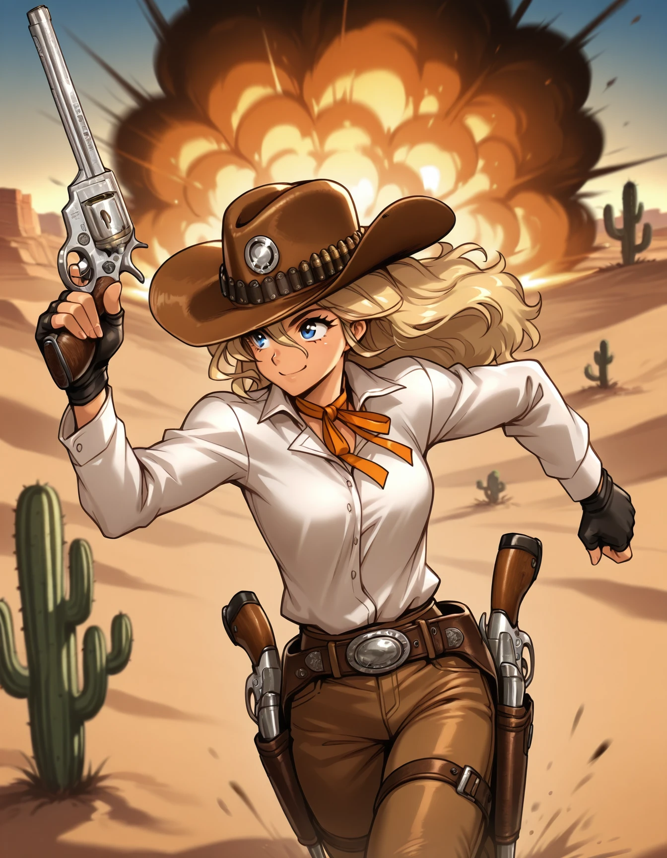 <lora:juliona-trans-v2-illustrious-000040:0.8> jul1i0na, cowboy hat, white shirt, neck ribbon, long sleeves, fingerless gloves, holster, belt, pants, 1girl, smile, revolver, running, explosion, desert, cactus, bullet, motion blur