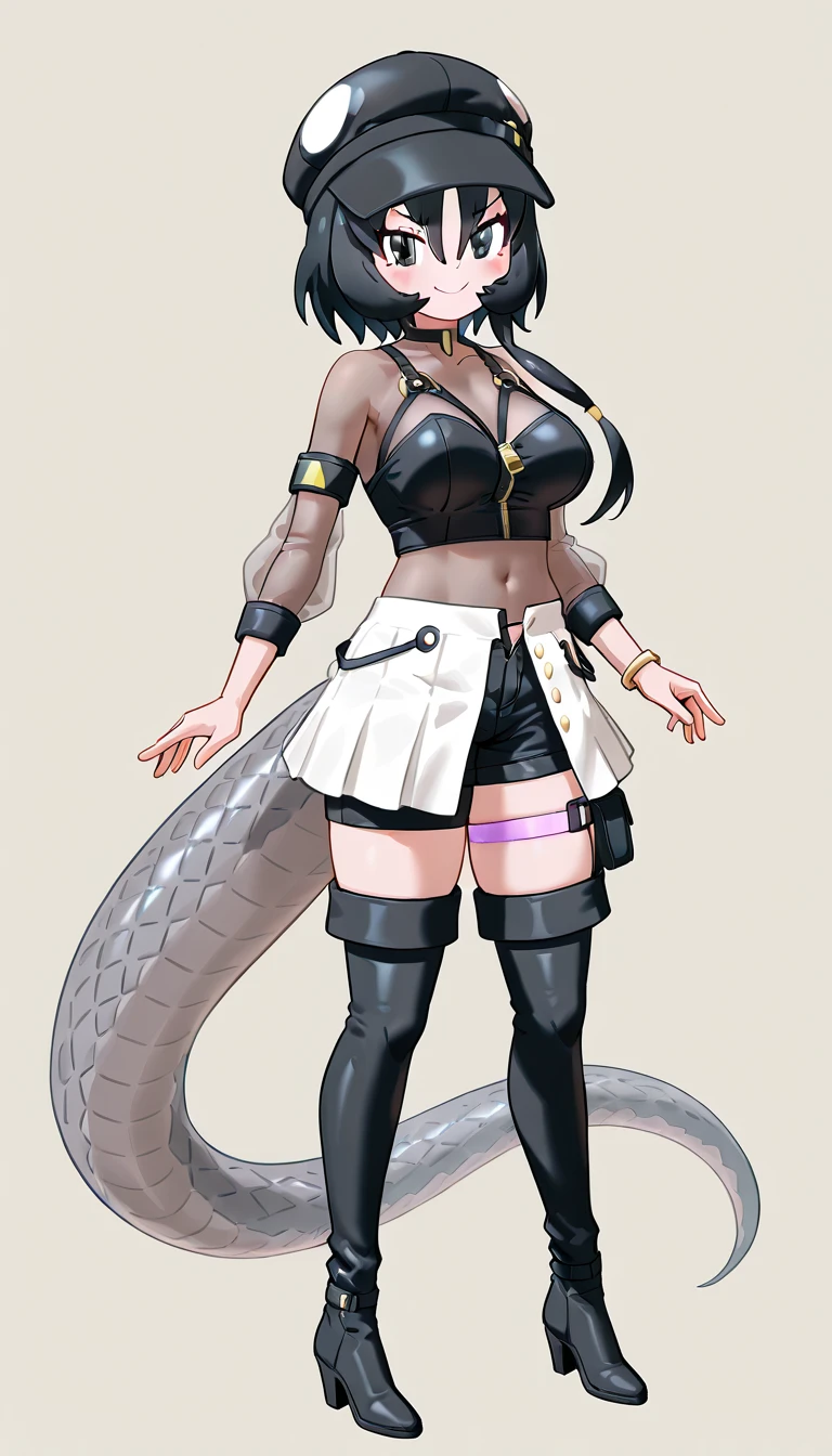 1girl, <lora:black_mamba_kf_ilxl_v1:1>, black_mamba_(kemono_friends), reptile girl, lizard tail, grey tail, scales, long tail, asymmetrical hair, black hair, long hair, short hair, side ponytail, hair between eyes, black eyes, large breasts, bkmb2nd, cabbie hat, two-tone headwear, black headwear, white headwear, bodystocking, black shirt, choker, jewelry, crop top, see-through, see-through sleeves, o-ring, zipper, zipper pull tab, arm strap, armband, skirt, white skirt, open fly, open skirt, shorts, short shorts, black shorts, shorts under skirt, thigh strap, boots, thigh boots, high heel boots, high heels, thighhighs,black footwear, standing, blush, smile, looking at viewer, tachi-e, full body, simple background, masterpiece, best quality, very aesthetic, absurdres