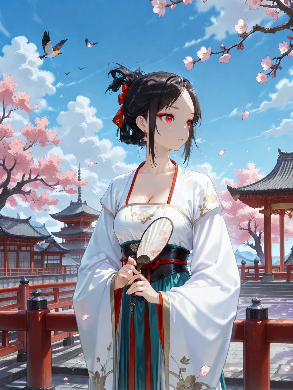 perfect quality,high quality,masterpiece,best quality,amazing quality,very aesthetic,absurdres,Cinematic Lighting,newest,Tactical use of shadow,
1girl,solo,black hair,folded ponytail,bangs,short hair,parted bangs,hair ribbon,red eyes,ShinomiyaKaguyaCYQL,,
sakura,flower,eastasianarchitecture,architecture,holding,handfan,animalears,foxears,holdingfan,lookingatviewer,bridge,outdoors,foldingfan,petals,japaneseclothes,cloud,pagoda,longsleeves,sky,railing,earrings,widesleeves,scenery,jewelry,tree,purpleflower,floralprint,cherryblossoms,foldedfan,chineseclothes,bird,breasts,cleavage,hanfu,building,cloudysky,coveringownmouth,collarbone,blueflower,,
<lora:ponyv5_noobV065S_1_adamW-000013:0.7>,<lora:wl-illV1-000017:0.7>,<lora:zzziGnXL_il_lokr_V531:0.5>,<lora:USNR STYLE_XL_loha:0.45>,usnr,,<lora:lora.by_tusi:1>,