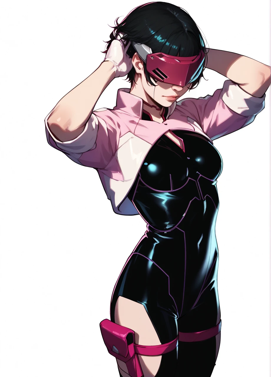<lora:CPER_Sasha-PONY:0.8> 1girl, solo, cpsasha, black bodysuit, thigh holster, makeup, android, cropped jacket, gloves, short hair, black hair, head mounted display, covered eyes, adjusting hair, white background, cowboy shot, score_8_up, score_7_up, score_6_up, score_5_up, score_4_up,