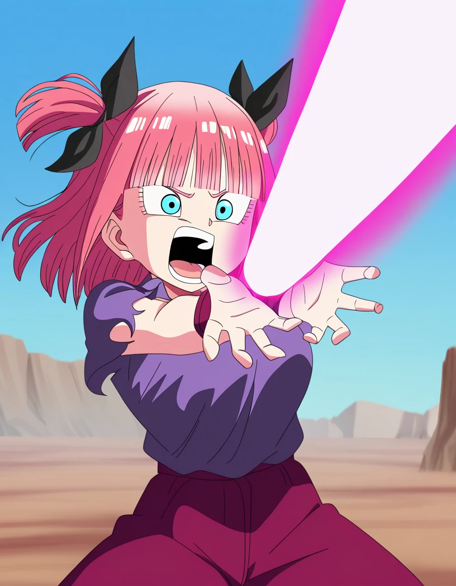 masterpiece, best quality, newest, absurdres, highres, safe,, <lora:nnakano-s2-ponyxl-lora-nochekaiser:1>, short hair, bangs, blue eyes, hair ornament, hair ribbon, pink hair, blunt bangs, two side up, butterfly hair ornament, large breasts,, <lora:kamehameha-illustriousxl-lora-nochekaiser:1>, kamehameha, kamehameha (dragon ball), open mouth, outstrecthed arms, torn clothes, shouting, energy, energy beam, outdoors, wasteland, cowboy shot,