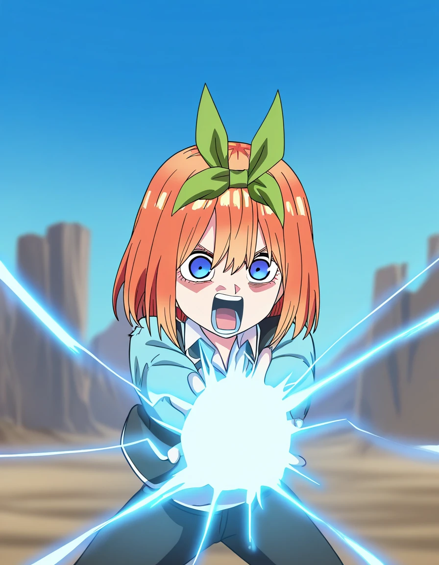 masterpiece, best quality, newest, absurdres, highres, safe,, <lora:yotsuba-nakano-s2-ponyxl-lora-nochekaiser:1>, yotsuba nakano, bangs, short hair, blue eyes, hair between eyes, hair ribbon, hairband, orange hair, green ribbon, large breasts, <lora:kamehameha-illustriousxl-lora-nochekaiser:1>, kamehameha, kamehameha (dragon ball), open mouth, outstrecthed arms, torn clothes, shouting, energy, energy beam, outdoors, wasteland, cowboy shot,