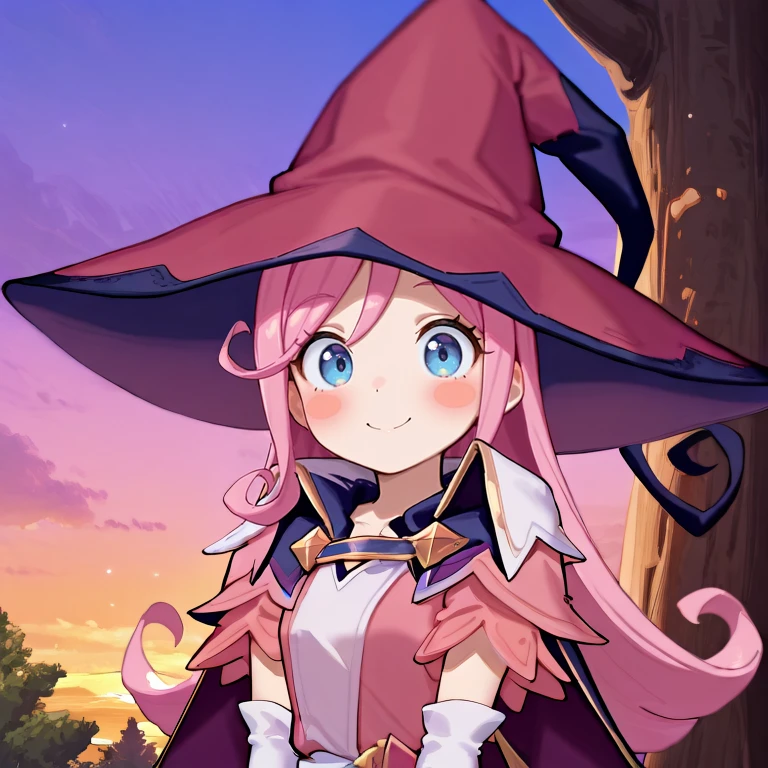 masterpiece, very aesthetic, absurdres, best quality, amazing quality, high resolution, <lora:illustrious_quality_modifiers_masterpieces_v1:0.8> , <lora:ChamIllustriousBackgroundEnhancer:0.5>, solo, <lora:PamelaIL:0.9> , pamdef, 1girl, pink hair, long hair, blue eyes, witch hat, (witch outfit), white skirt, white elbow gloves, cape, blush stickers, smile, looking at viewer, evening, trees, ((portrait)), straight-on