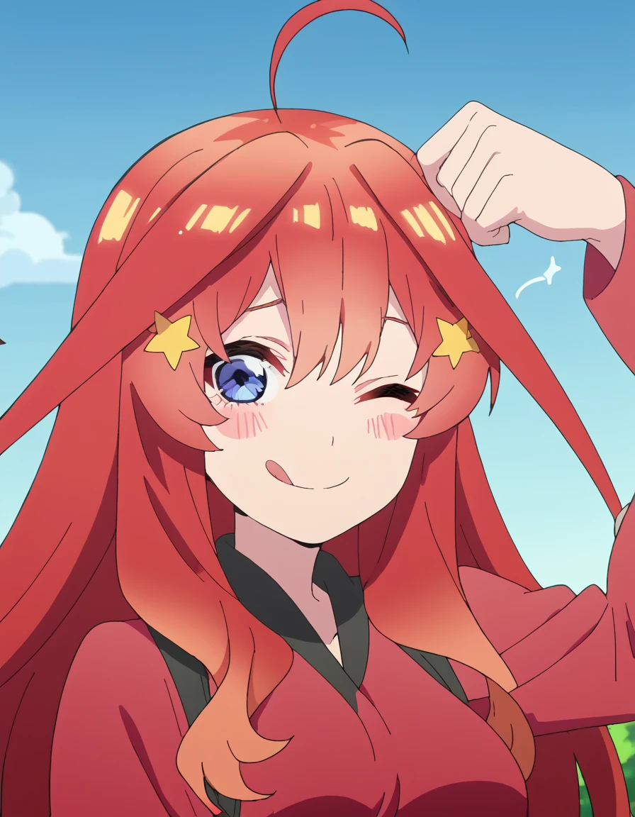 score_9, score_8_up, score_7_up, source_anime, <lora:itsuki-nakano-s2-ponyxl-lora-nochekaiser:1>, itsuki nakano, bangs, long hair, blue eyes, hair between eyes, ahoge, red hair, star (symbol), hair ornament, star hair ornament, large breasts, anime screencap, <lora:dojikko-pose-ponyxl-lora-nochekaiser:1>, dojikko pose, blush, heart, blush stickers, smile, tongue out, arm up, looking at viewer, one eye closed, ,