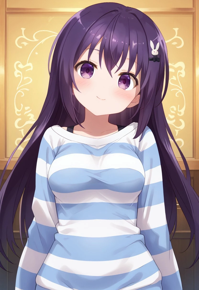 score_9, score_7_up,1girl, looking at viewer, blush, breasts,(purple hair, purple eyes, long hair, hair ornament, rabbit hair ornament, striped clothes, striped sweater, loungewear), looking at viewer, solo, highres, zPDXL3, detailed face, head tilt, tilted head, short, short girl, ((front view)), standing,happy