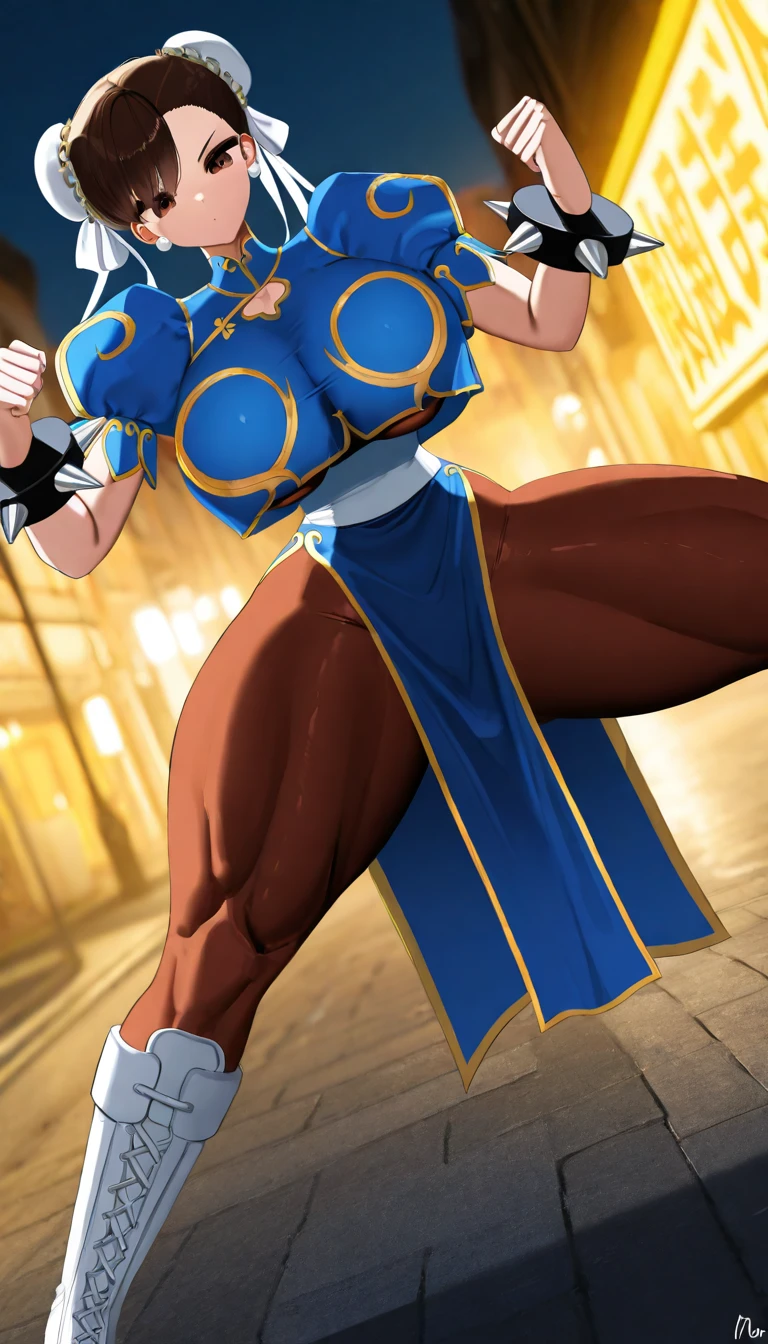 1girl, (standing alone:1.2), (Standing:1.looking-into-camera:1.3), (cowboy shot:1.5), sorrido, glad, at ease, (Curvy:1.3), (breasts big:1.2), flat stomach, (master part:1.3), (best quality:1.Perfect Anatomia:1.4), highy detailed, Fumio, linear sketch, pastel hues, glossy, filmic grain, (Curvy:1.3), (breasts big:1.3), Broad Hips, narrow waisted, (flat stomach:1.2), chun li, eyes browns, short hair, brown hair, double bun, White Coke Cover, blue dress, pelvis curtain, spiked bracelet, tape, brown pantyhose, flat background, from above view, leaning forward, perspective