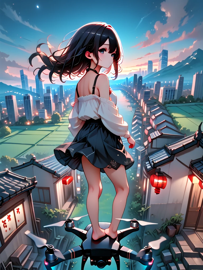 ((standling on aerial drone)), upper body, vanishing point, perspective, milf, 1girl, skirt, barefoot, floating hair, wind, horizon, skyline, scenery, cityscape, looking at viewer, from below, dutch angle, <lora:girllikeaerialdrone:1>