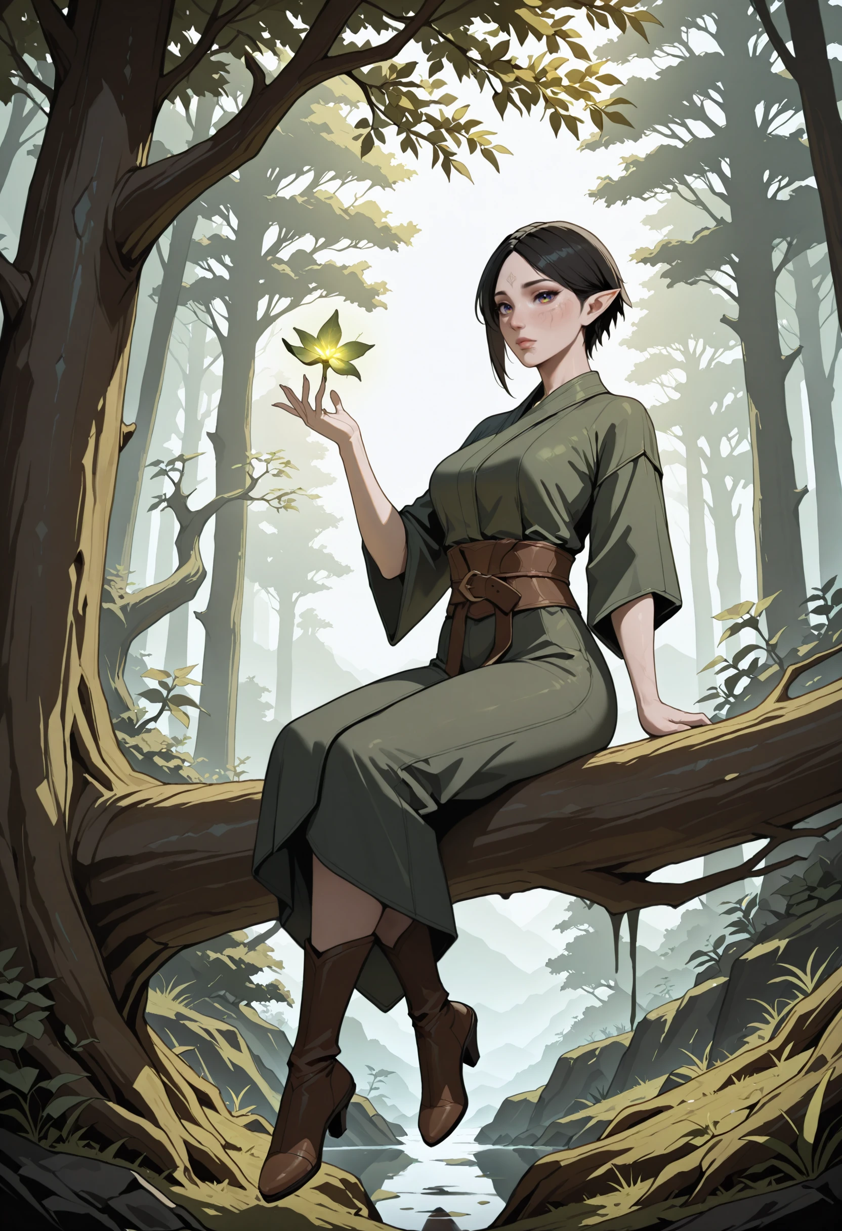 Smooth Quality - Illustrious, Masterpiece, best quality, amazing quality, very aesthetic, high resolution, ultra-detailed, absurdres, HDR, cinematic lighting, highres, newest, 
merrill_(dragon_age_2), dalish, 1girl,  solo, pointy ears,, green eyes,  realistic, sitting_in_tree, perched on a branch, canopy, treetop, short hair, black hair, hair_ornament, green kimono, glowing plants, photorealistic,