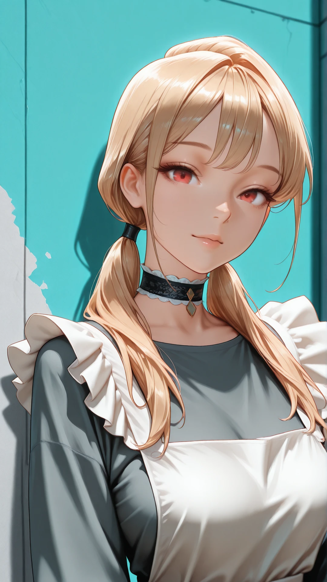 2d, masterpiece,best quality,amazing quality,very aesthetic,absurdres,newest,detailed eyes, A professional,high-quality, portrait of a woman.
upper body view,
1girl,milf, long straight hair, blonde_haired_woman, two sideparted low ponytails,gray maid dress, apron, red eyes, maid, uwu posing, ruffled choker, looking at viewer.
depth of field,focused subject,dynamic angle,dutch view,dynamic motion, cheeky, casual, wall, outdoor. (turquoise reij-bgacc background overlay, detailed background <lora:reijbgacc:1>).