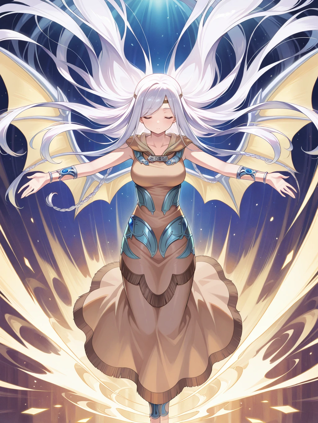 maiden with eyes of blue, 1girl, solo, floating hair, closed eyes, outstretched arms, brown dress, dragon wings, brown circlet, silver bracelet, open hands
masterpiece,best quality,amazing quality,very aesthetic,absurdres,newest, <lora:Maiden with Eyes of Blue illuXL v1.11:0.7>