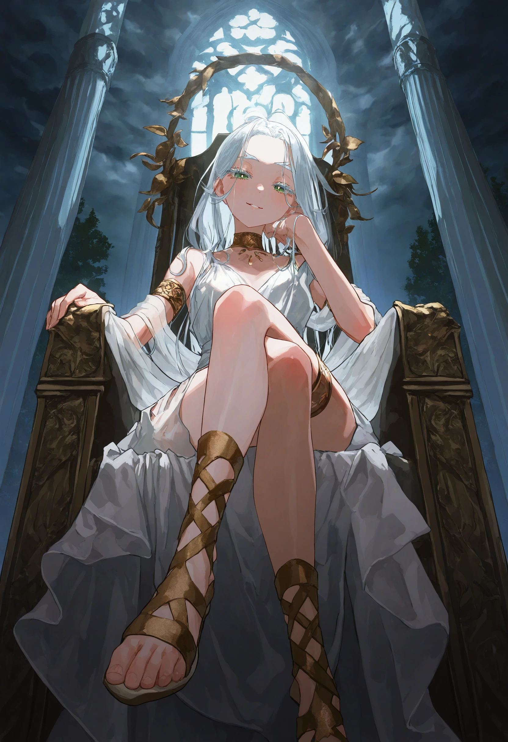 artist:[ekrea jan|diyokama|say hana|yoneyama mai|lam \(ramdayo\)],
girl, solo, toga, white dress, armlet, looking at viewer, ancient greek clothes, see-through clothes, shawl, greco-roman clothes, white hair, loose hair strand, gold choker, bare shoulders, gladiator sandals, foot dangle, parted lips, looking at viewer, colored eyelashes, long eyelashes, half-closed eyes, forked eyebrows, green eyes, smile,
sitting, throne, dark clouds, backlighting, indoors, window, crossed legs, from below, thigh strap,
bright, backlighting, impasto, dappled light, tree shade,
masterpiece, best quality, very awa, absurdres
<lora:noobai_vpred_1_ ancient_greek_clothes_v1:1>