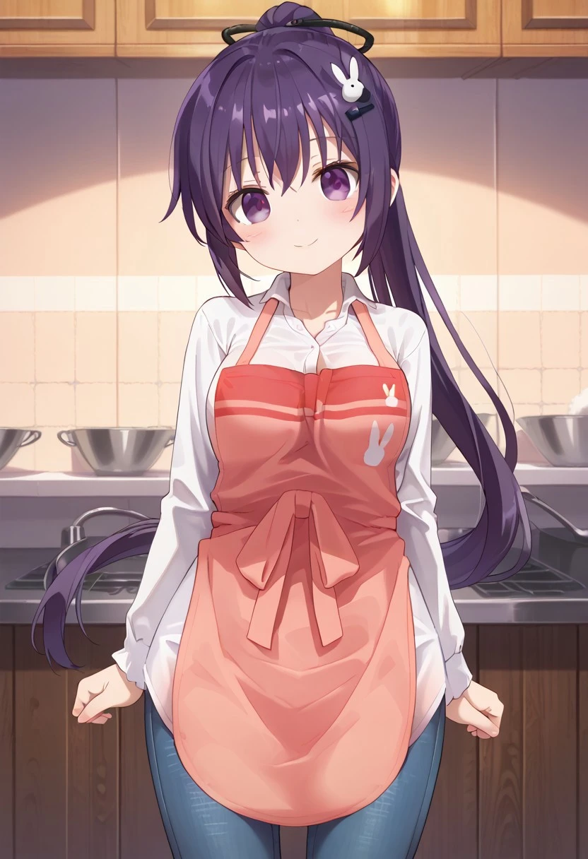 score_9, score_7_up,1girl, looking at viewer, blush, breasts,(purple hair, purple eyes, ponytail, long ponytail, hair ornament, rabbit hair ornament, apron, white dress shirt, jeans), looking at viewer, solo, highres, zPDXL3, detailed face, head tilt, tilted head, short, short girl, ((front view)), standing,happy