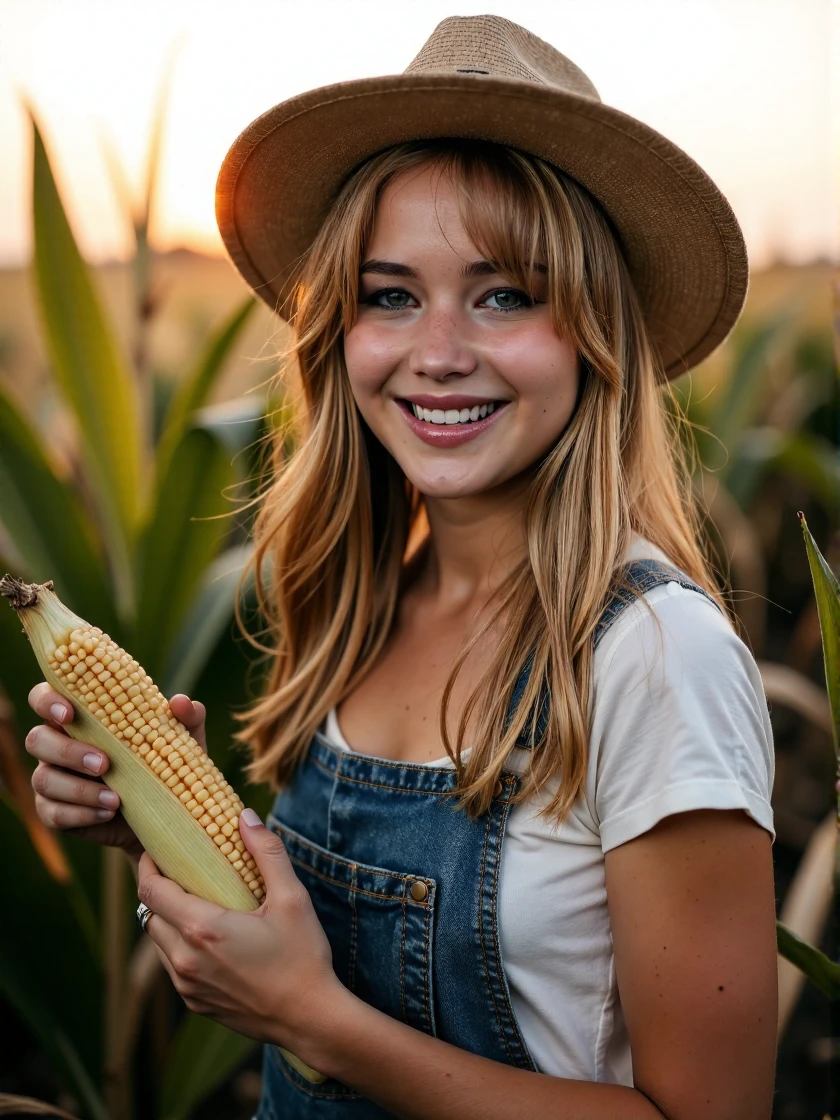 <lora:Jennifer_Lawrence_Ca2011:1> woman <lora:zz_s_Fluxartis:0.5> A highly detailed cinematic photography a farmer, standing in a row of tall corn, smiling, wearing denim overalls, a straw hat, holding an unpealed ear of corn, golden hour, lighting effects <lora:zz_s_Stylish_Lighting:0.5>, looking directly at the viewer, looking directly at the camera, making eye contact, looking straight ahead, modest clothes, modest apparel, chest covered, modesty <lora:zz_s_Chest_Size_Slider:-2>, an extremely charismatic and captivating smileâââ