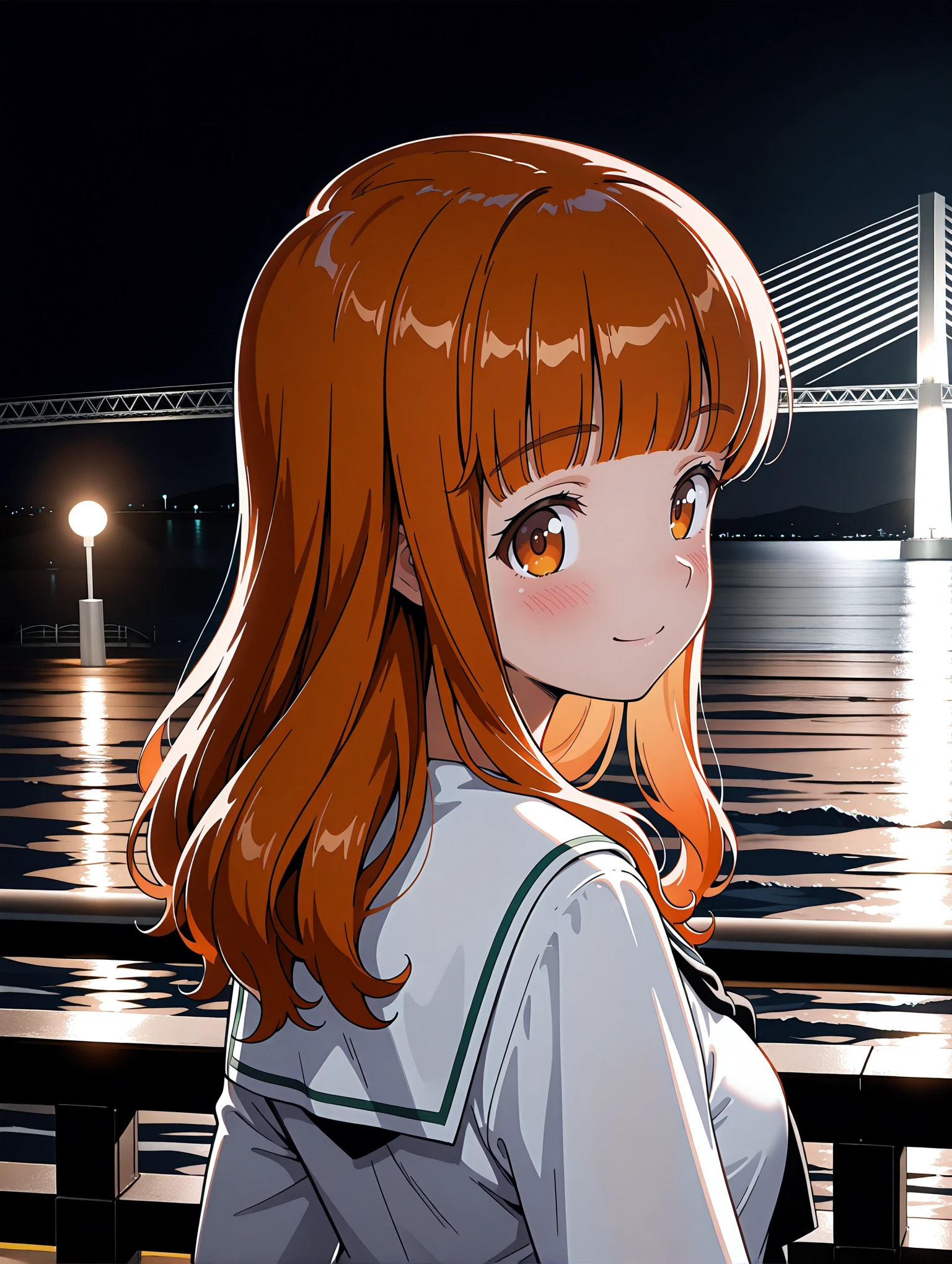masterpiece,best quality,amazing quality,1girl,solo,
<lora:t_saori_ilxl_v1:1>,saori,orange eyes,seifuku,school uniform,black neckka chief,white shirt,
<lora:Fixhands_anime_bdsqlsz_V1:1>,<lora:commercial_facility00_ilxl_v1:1>,c_f00,night,night sky,sky,bridge,ocean,
dark,lamp,lamppost,railing,
upper_body,smile,from behind,looking_back,blush,looking_at_viewer,