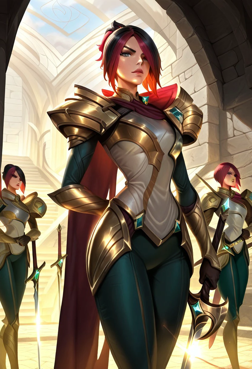 masterpiece, best quality, newest, absurdres, highres, solo, solo focus, 1girl, FioraBaseSkinIL-V1.0, red hair, multicolored hair, black hair, shoulder armor, armor, hair over one eye, sword, weapon, holding sword, holding weapon