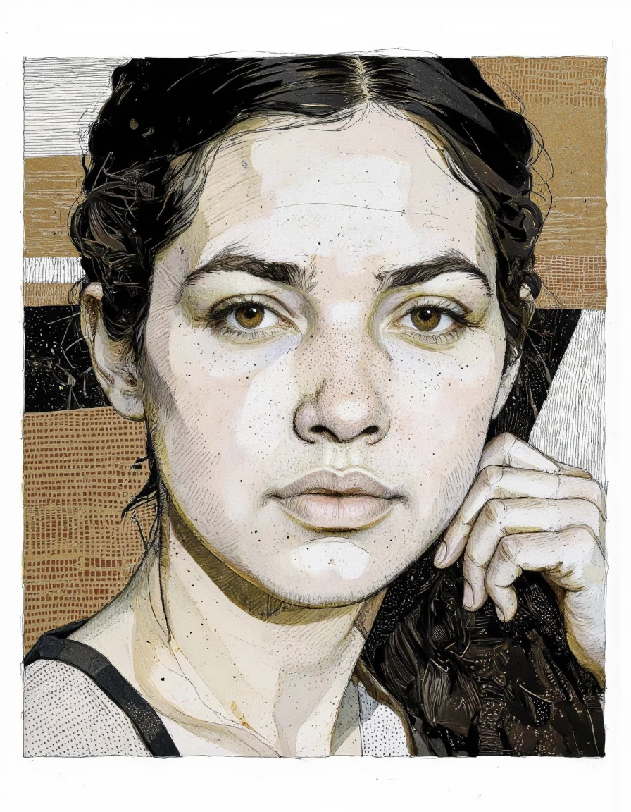 Tony Rodriguez style. This is a digital drawing in a semi-realistic, stylized manner, featuring a close-up of a person's face. The artwork is rendered in a muted color palette with shades of black, white, and gold. The subject's face is depicted in intricate detail, with expressive, almond-shaped eyes that are wide open, conveying a sense of contemplation or intrigue. <lora:Tony_Rodriguez_7:0.85>