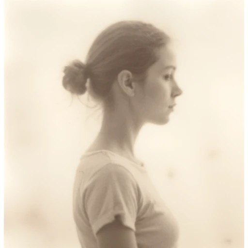 an aesthetic, minimalist depiction of a female profile in side view. she wears a t-shirt. The focus is on the soft contours and calm, monochromatic tones. The scene feels mystical and dreamy, almost as if viewed through a delicate mist, with gentle light accentuating the silhouette. The background is diffuse and creamy white, drawing attention to the elegant simplicity of the figure.