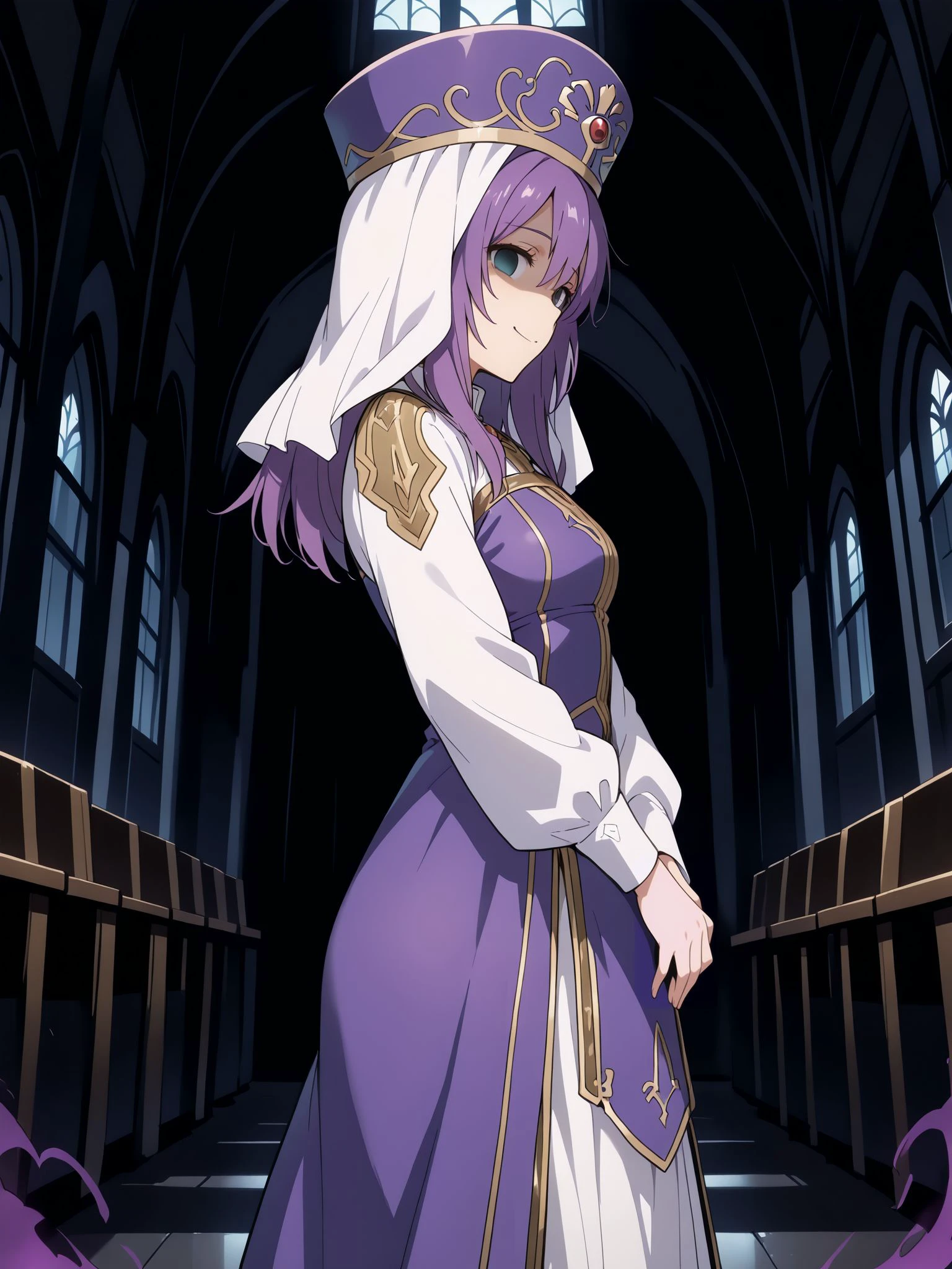 masterpiece,best_quality,1girl,solo,<lora:eremiya feh_illustriousXL:0.8>,eremiya feh,hat,long dress,cowboy shot,standing,smile,shaded face,empty eyes,church,from side,looking at viewer,dark background,(dark aura:1.2)