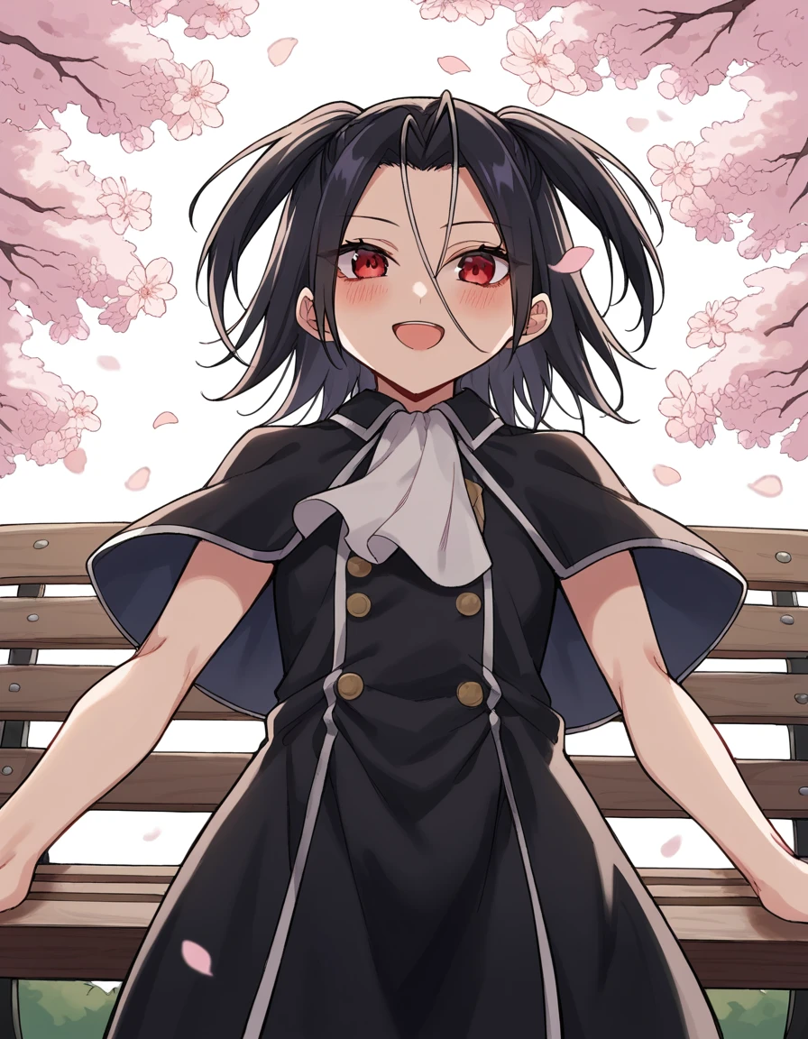 score_9, score_8_up, score_7_up, source_anime, <lora:akua-shuzen-manga-ponyxl-lora-nochekaiser:1>, akua shuzen, black hair, red eyes, medium hair, twintails, parted bangs, hair between eyes,, dress, ascot, capelet, black dress, black skirt, white ascot,, park, cherry blossoms, bench, gentle breeze, peaceful, running, open mouth, smile, <lora:pec-pov-ponyxl-lora-nochekaiser:1> pec pov, pec pov (meme), meme, looking down, from below, blush, cowboy shot, looking at viewer, solo,, cowboy shot, solo