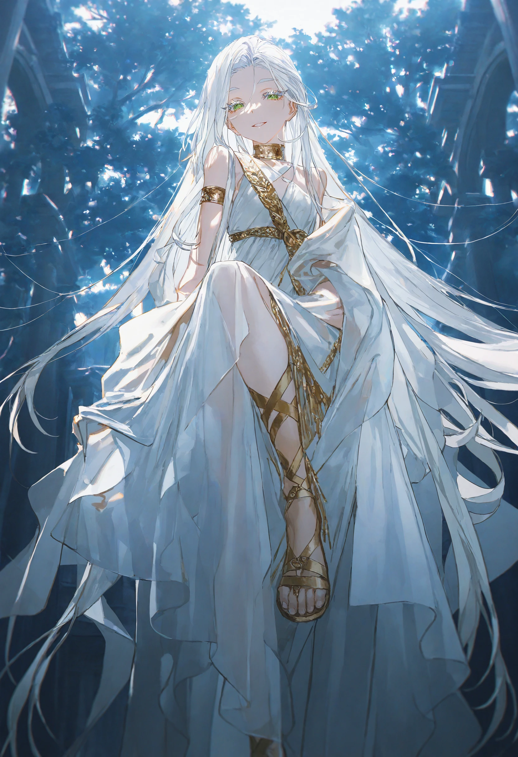 artist:[diyokama|say hana|yoneyama mai|quasarcake],
1girl, solo, toga, white dress, armlet, looking at viewer, ancient greek clothes, see-through clothes, shawl, greco-roman clothes, white hair, loose hair strand, gold choker, bare shoulders, gladiator sandals, foot dangle, parted lips, looking at viewer, colored eyelashes, long eyelashes, half-closed eyes, forked eyebrows, green eyes, smile, greco-roman architecture, tree shade, outdoors,
bright, [blue:gold:10] theme, high contrast, backlighting, spot color, impasto,
masterpiece, best quality, very awa, absurdres
<lora:noobai_vpred_1_ ancient_greek_clothes_v1:1>